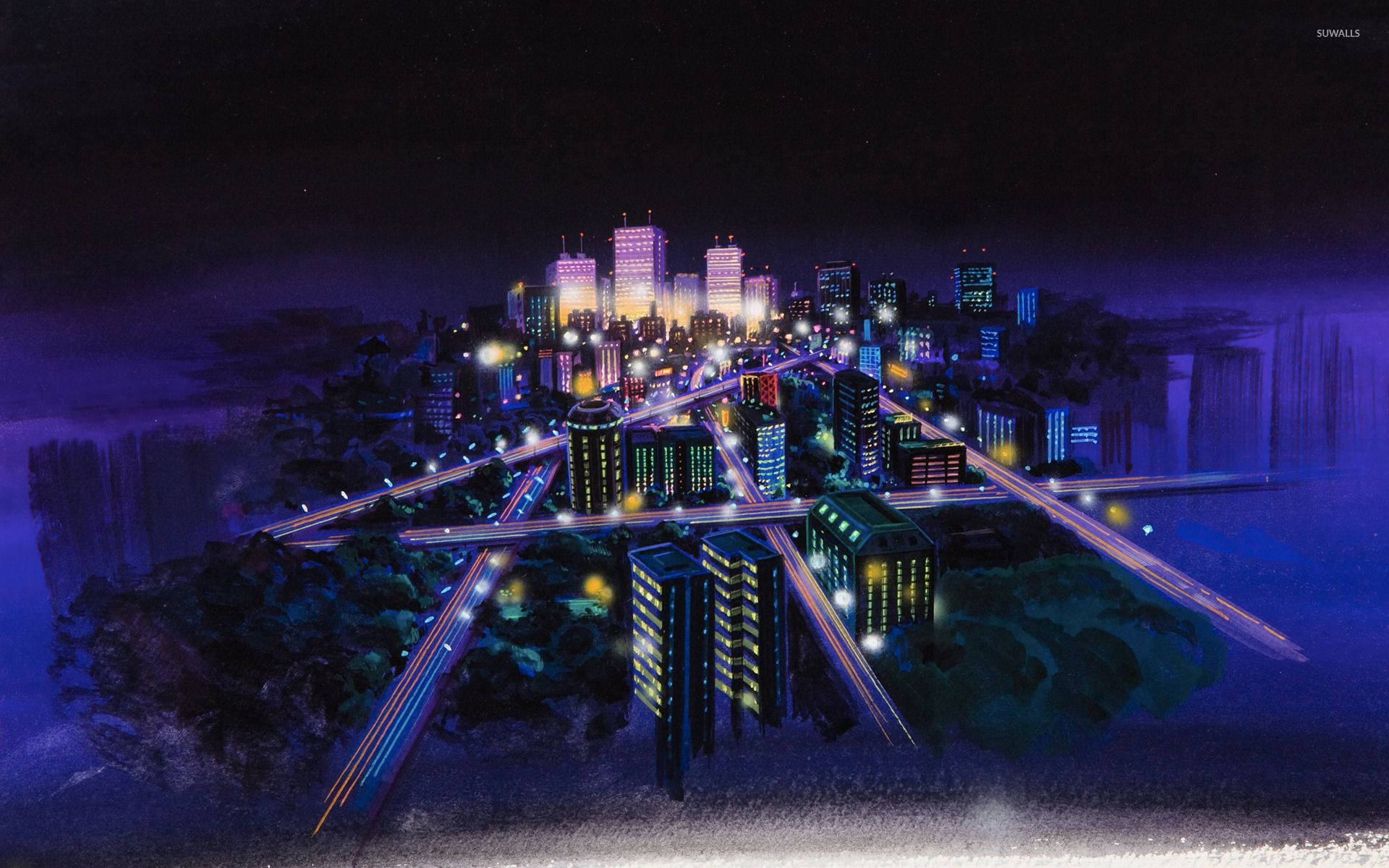 A Painting Of A City At Night Wallpaper