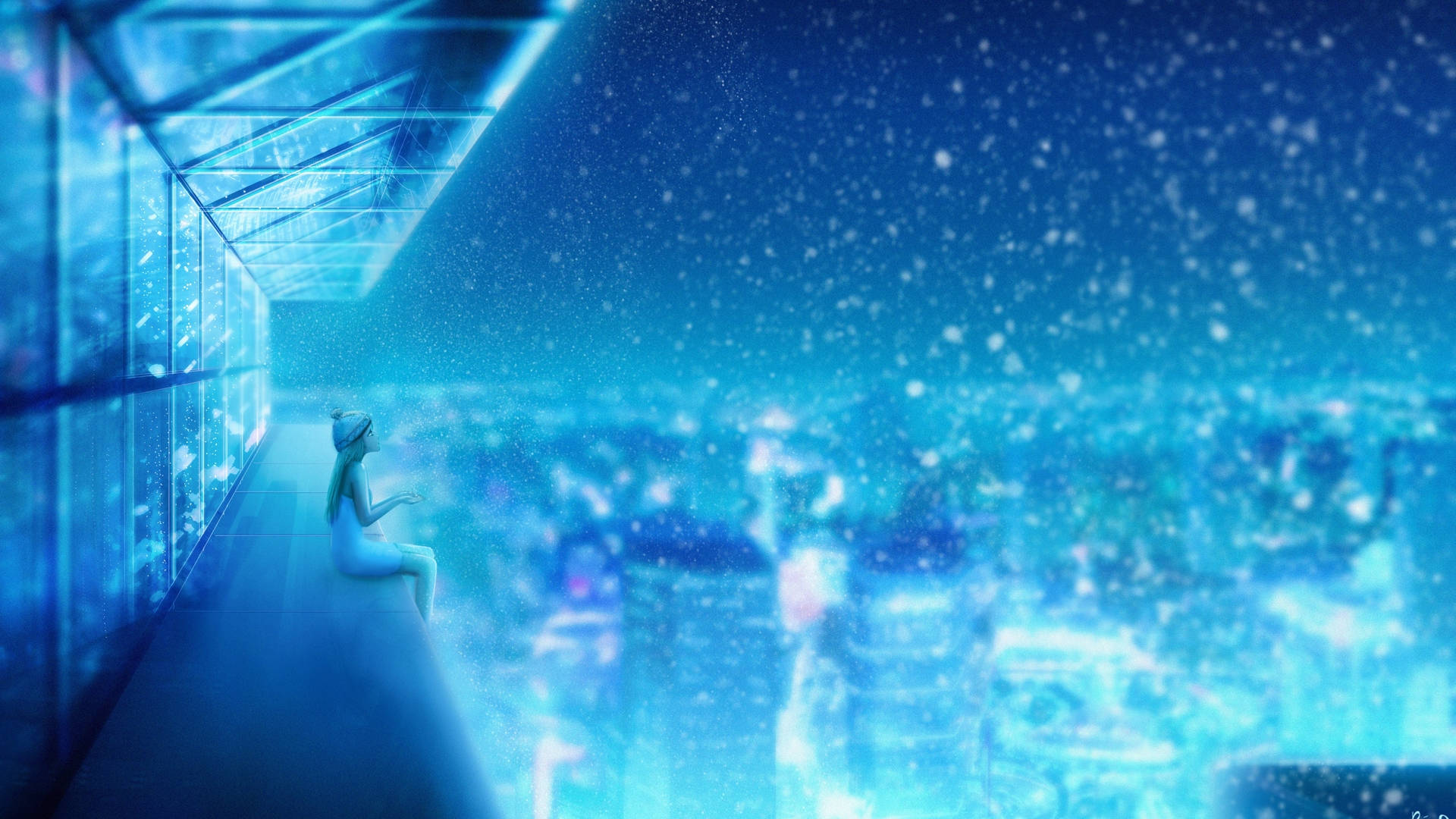 Girl Enjoying Winter In Anime Night City Wallpaper
