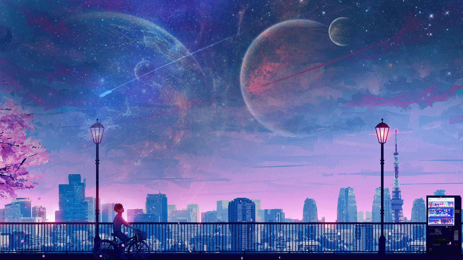 Moons And Planets Above Anime Night City Wallpaper
