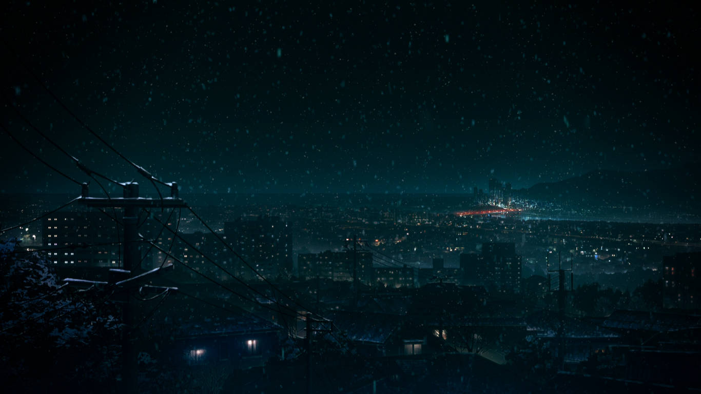Snowing In An Anime Night City Wallpaper