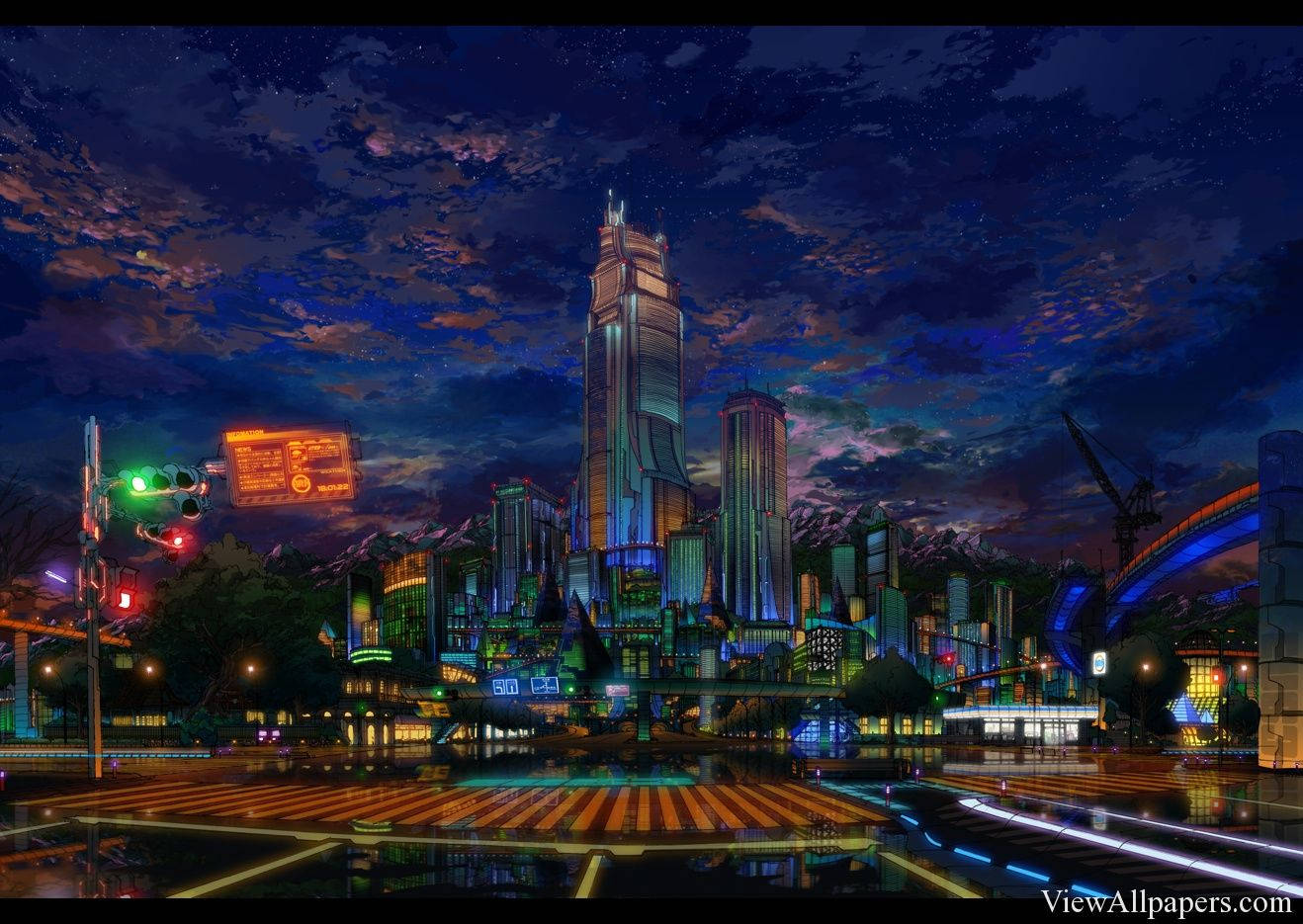 Anime Night City Tower Wallpaper