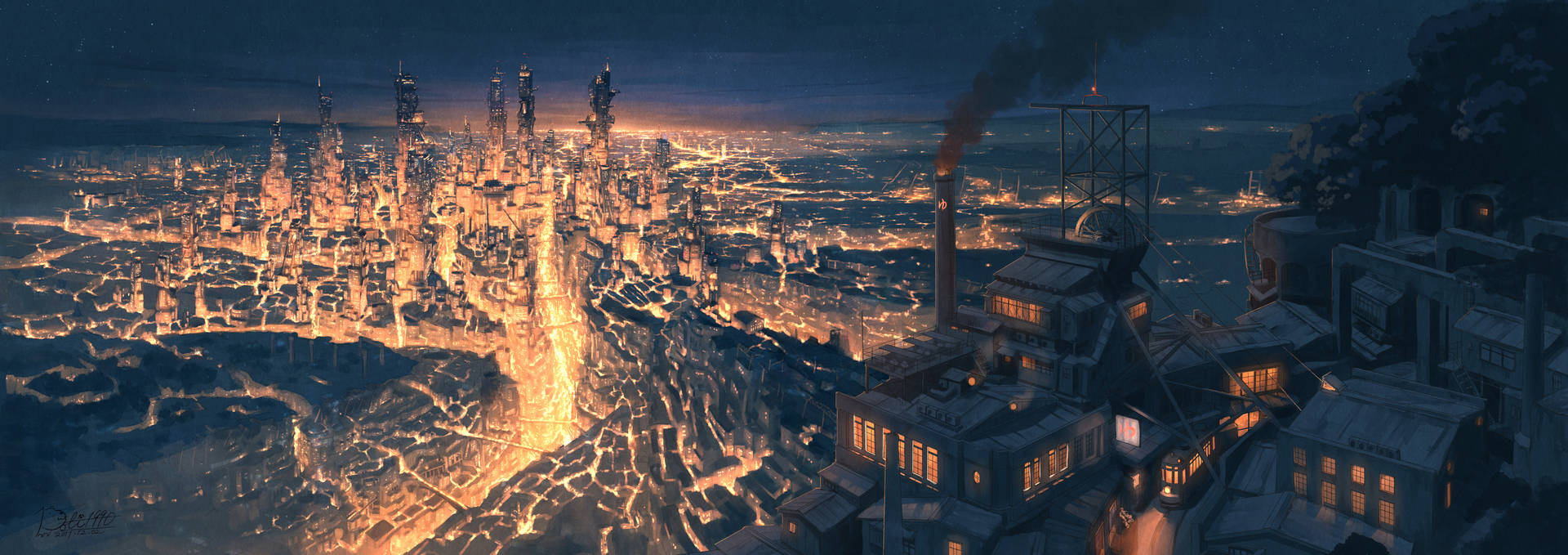 Flygt til denne fantastiske Anime Night City tapet, hvor byens skyline er levende med farver. Wallpaper
