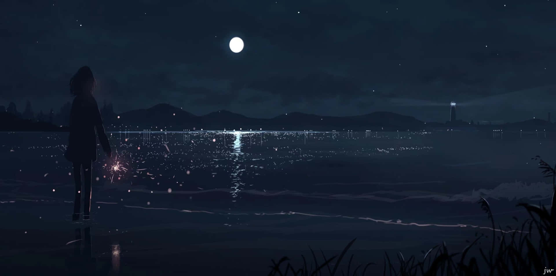 Anime Beach Night Scenery Wallpaper