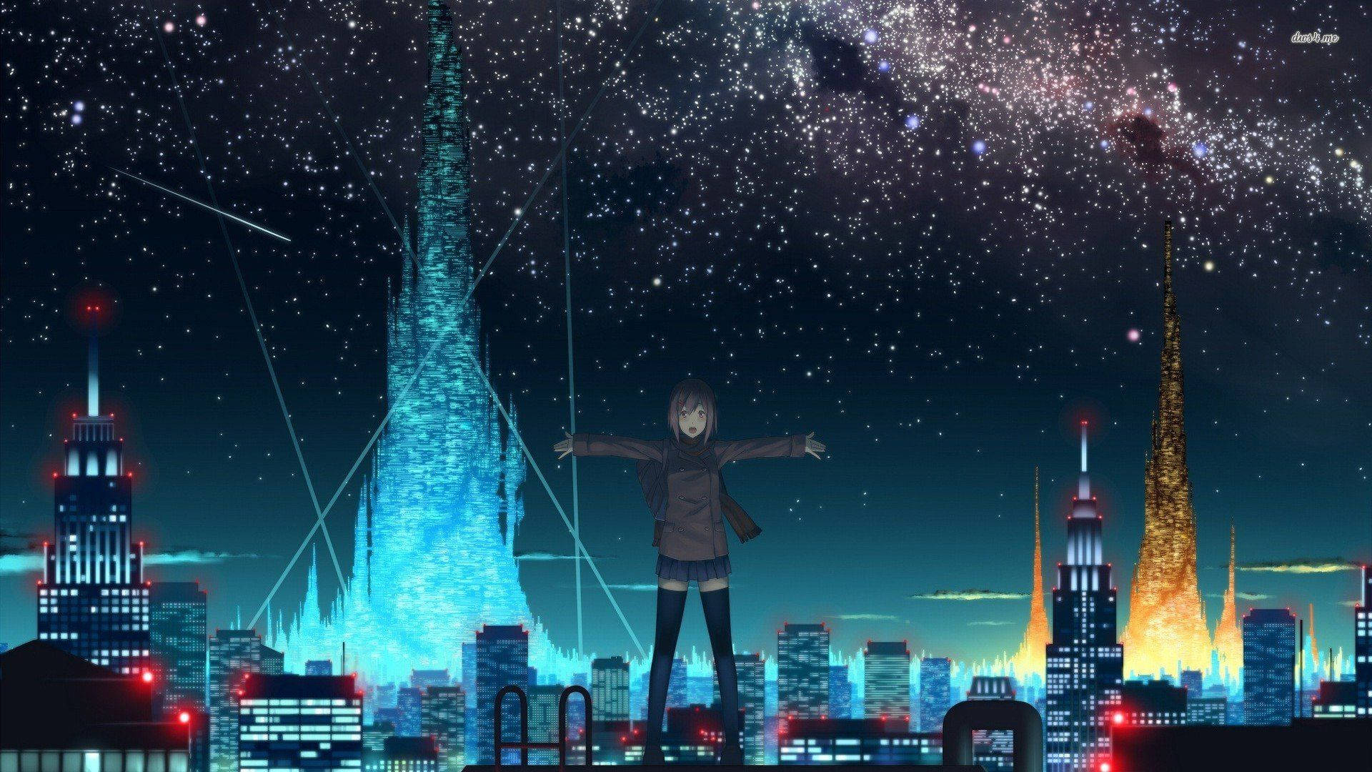 Anime Night Sky Girl In City Wallpaper