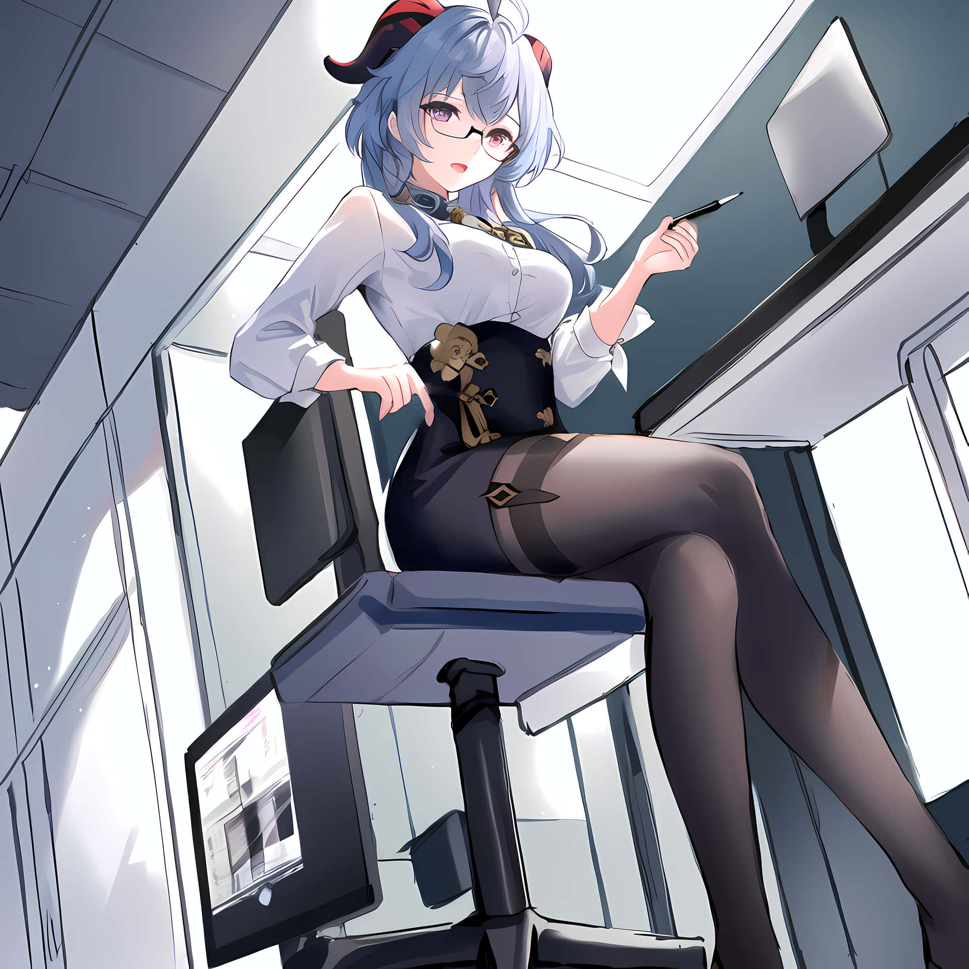 Download Anime Office Girl With Thigh Stockings Wallpaper 