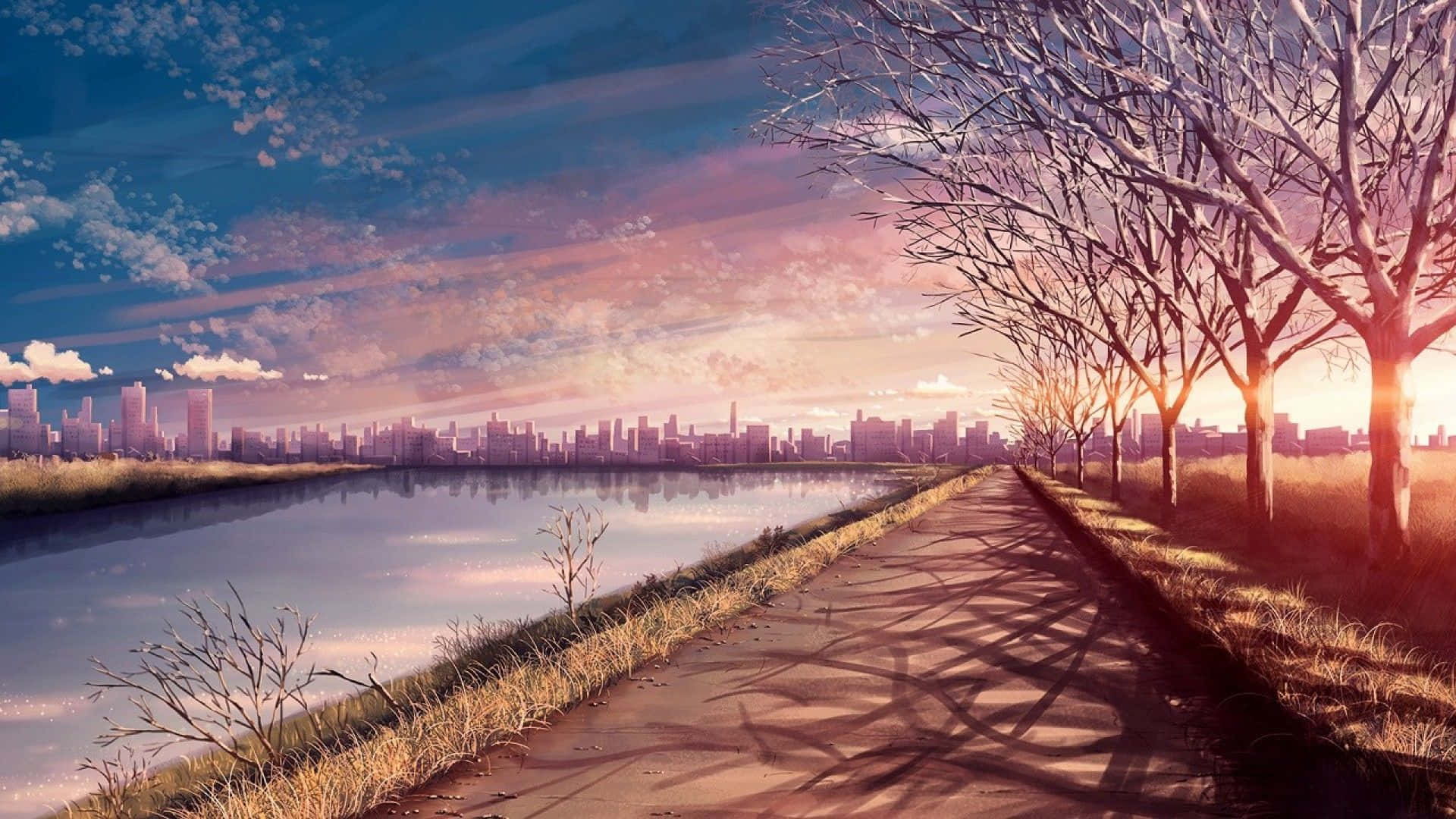 Anime Park River Sidewalk Background