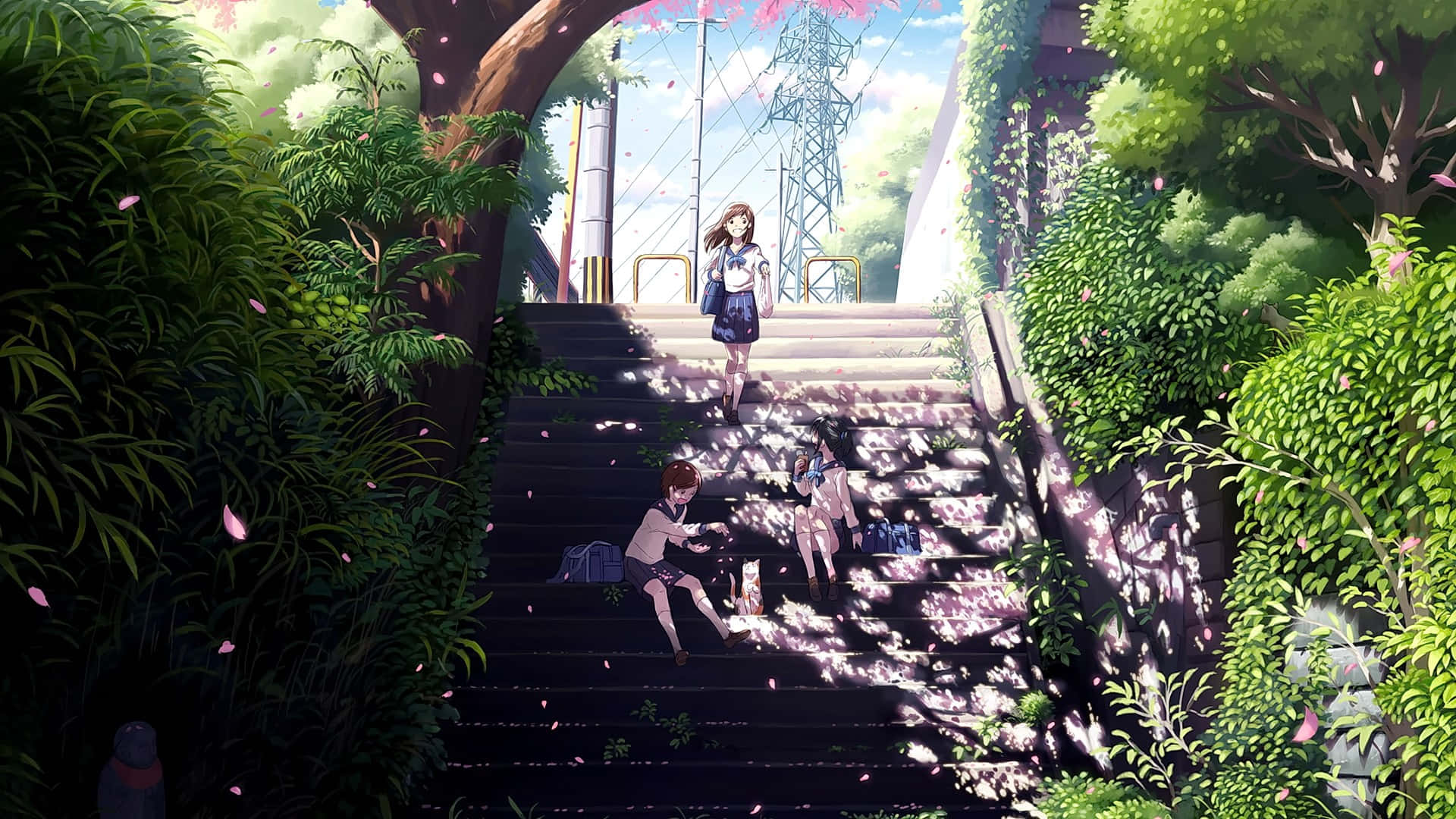 Fondode Pantalla De Chicas De Anime En Un Parque Con Escaleras.