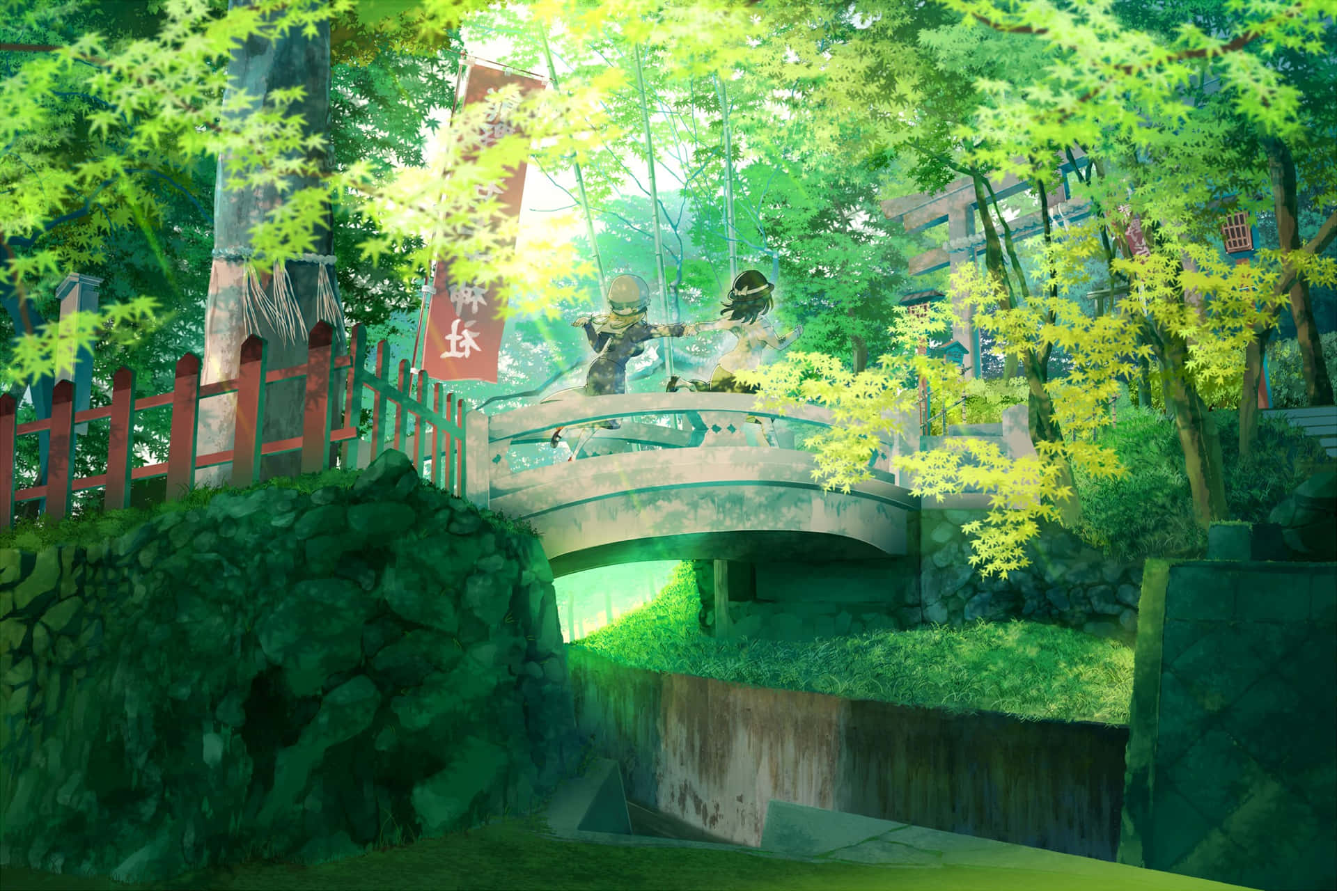 Animeparktjejer På En Bro Bakgrund