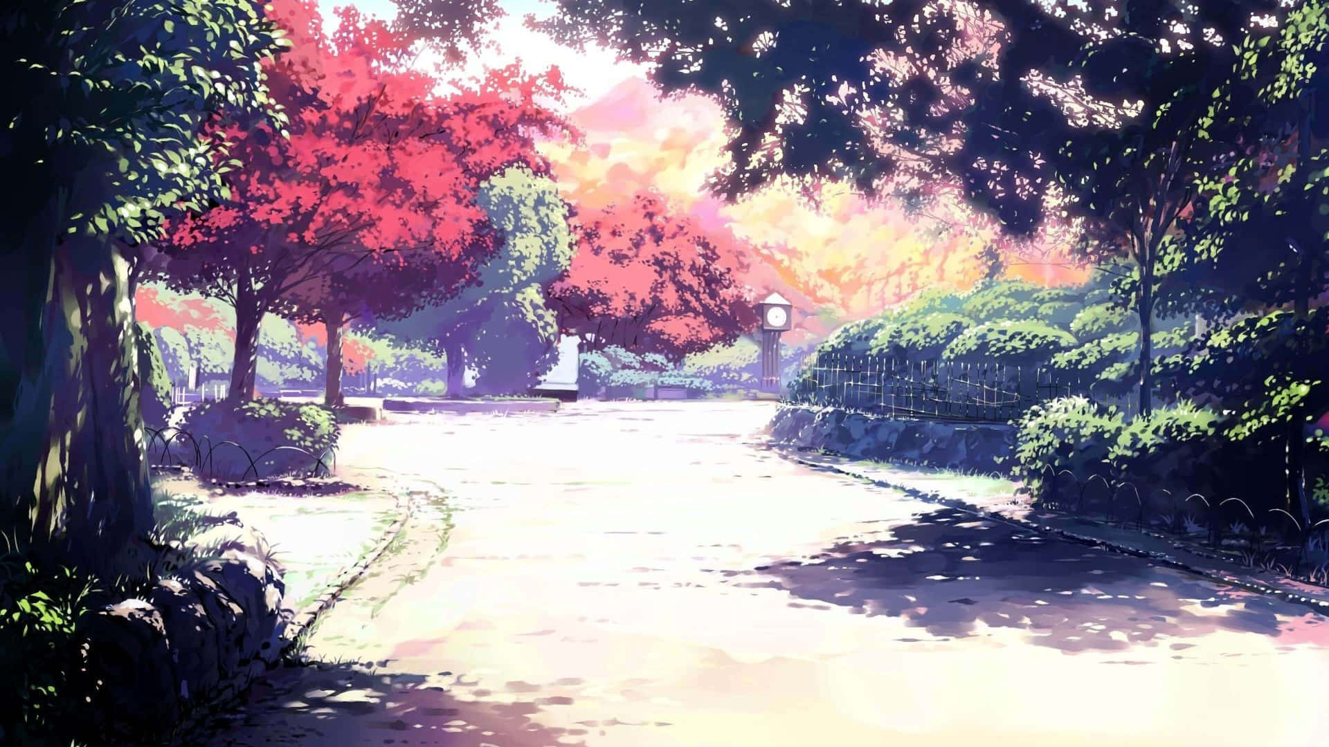 Animepark Soliga Träd Bakgrundsbild.