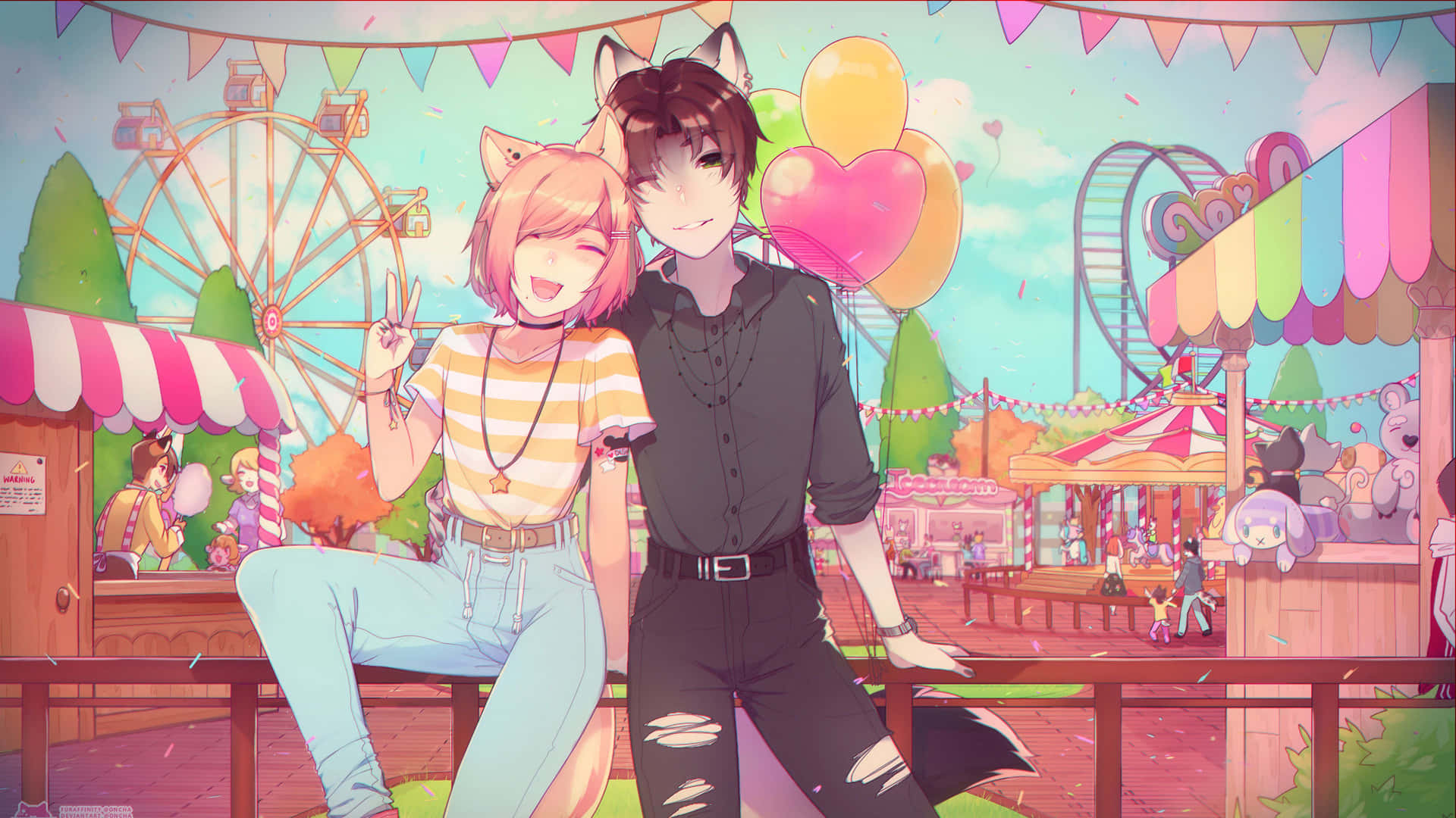 Anime Park Couple Cat Ears Background