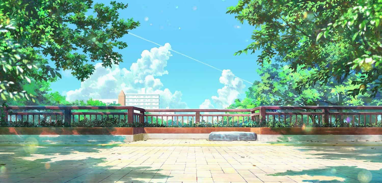A bench in the park with a view of trees from an anime. | Anime background,  Background, Backdrops