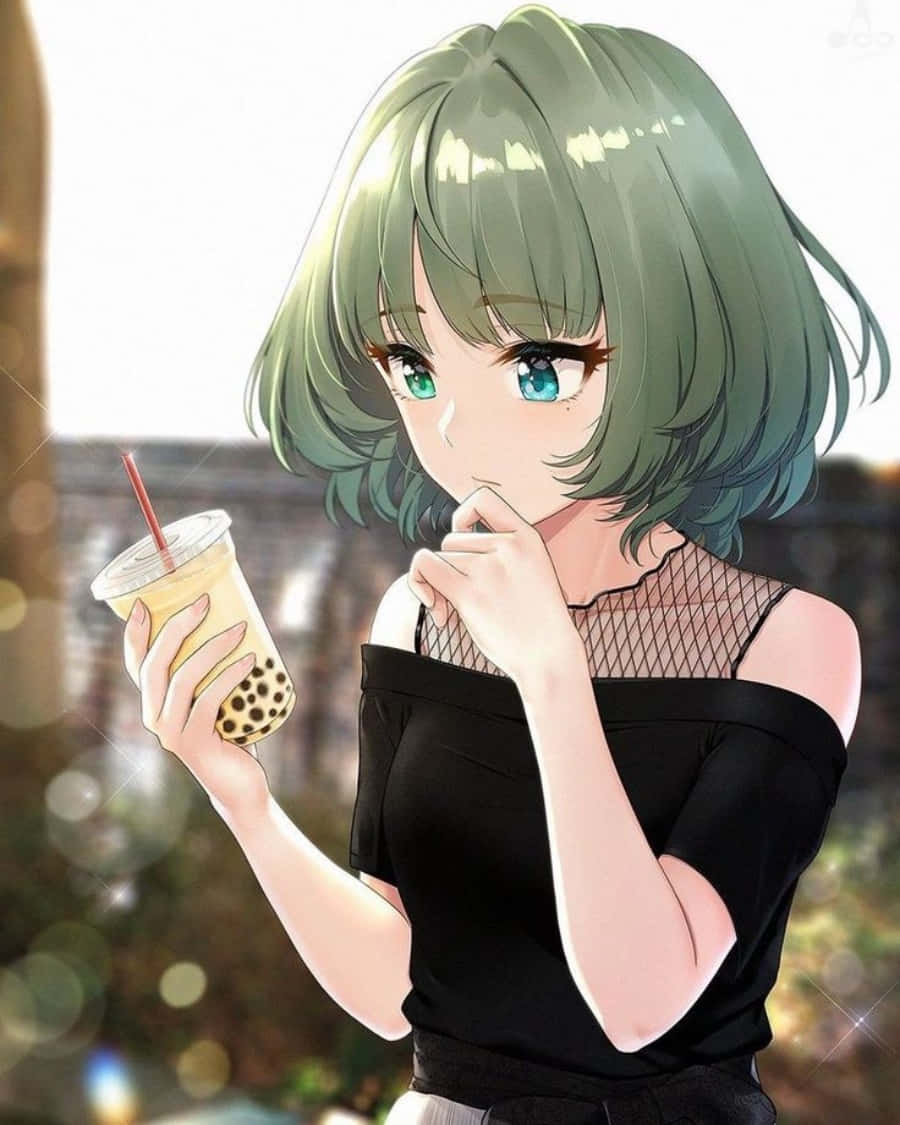A Girl With Green Hair Drinking A Bubble Tea