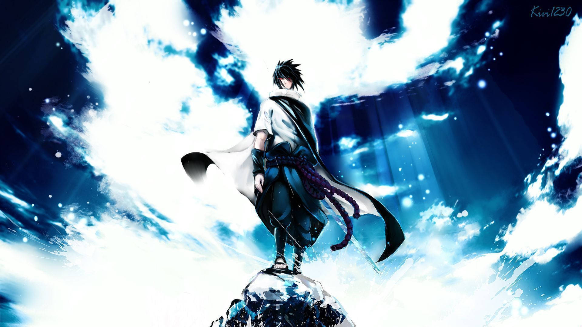 Anime boy with black spiky hair standing on top of a rock under white clouds.