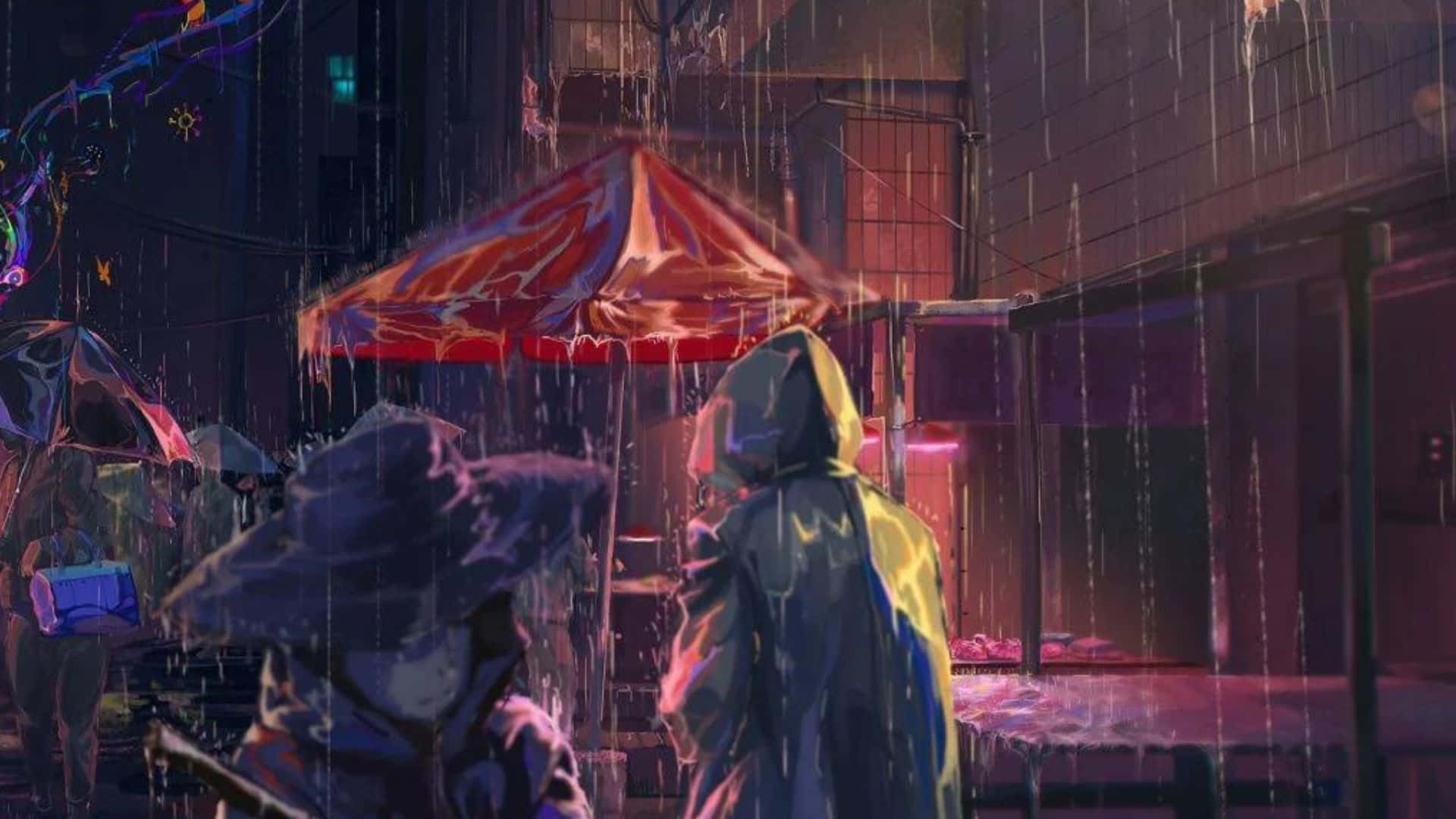 Anime Rain People Walking on The Street Background