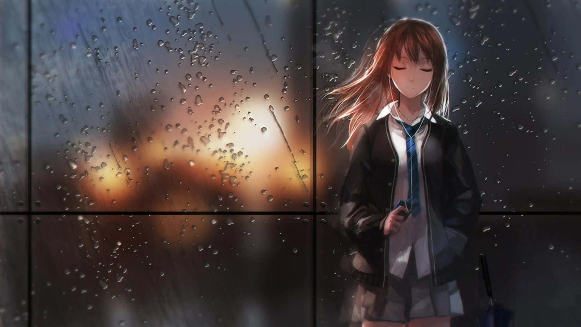 A rainy anime background with people walking without umbrella