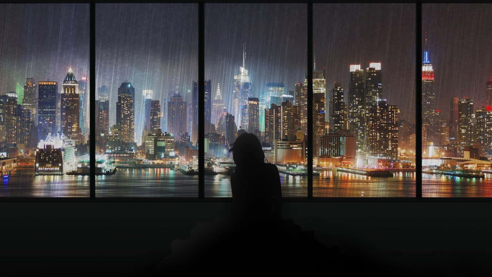 Girl Silhouette Anime Rain And City View Background