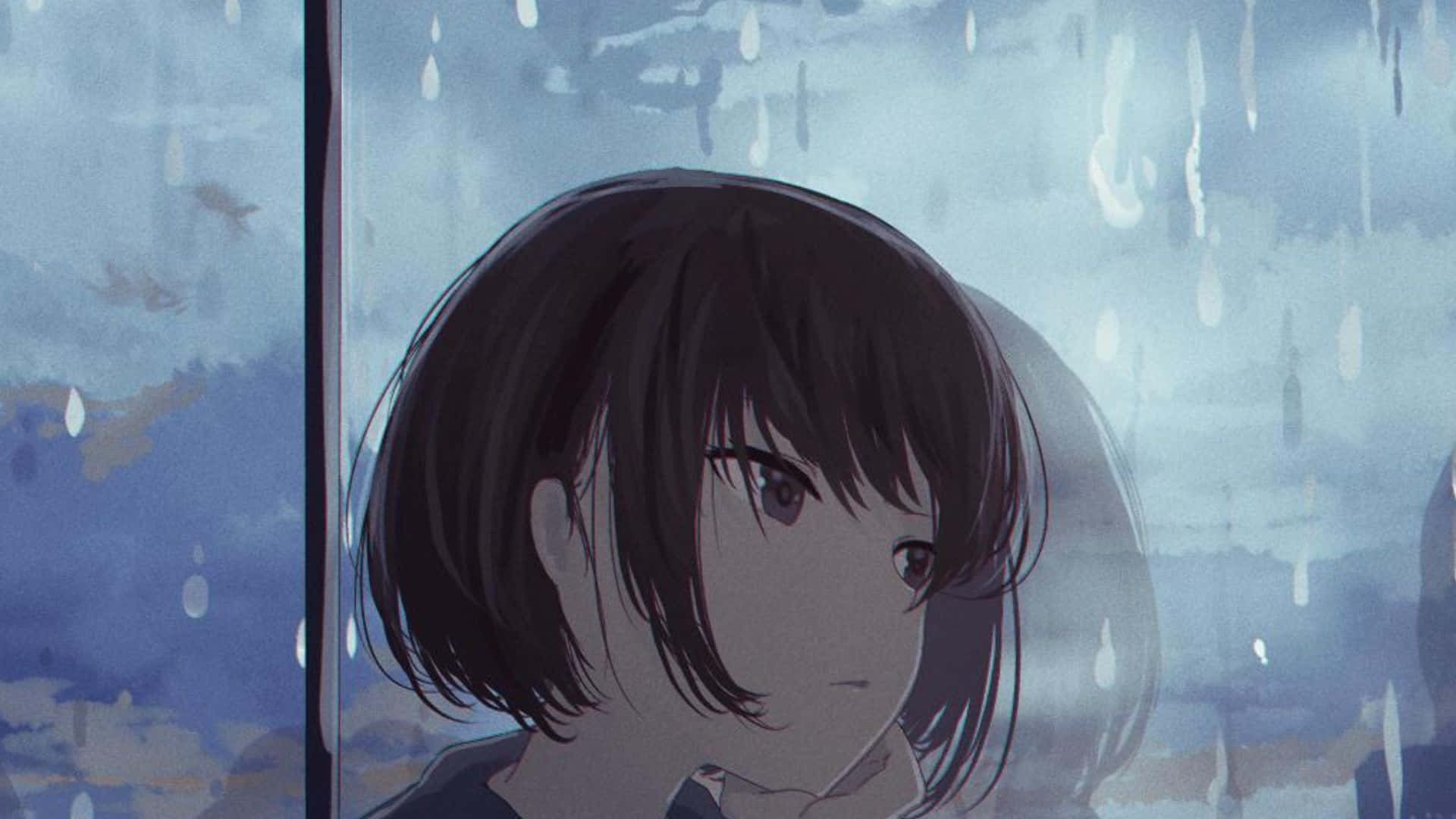Sfondocon Paesaggio Di Una Ragazza Anime Sotto La Pioggia Nelle Vicinanze Di Una Finestra