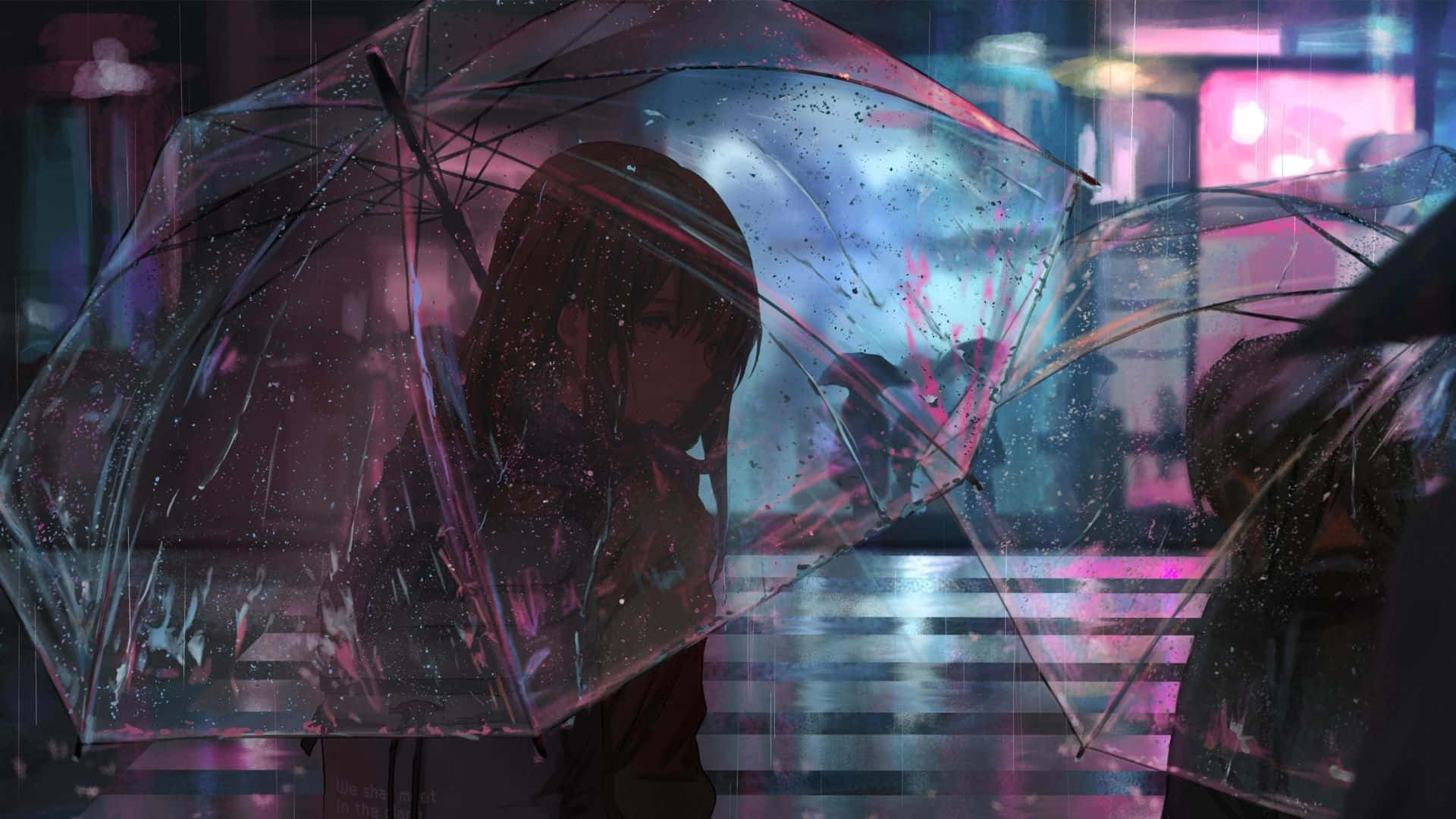 Fondode Pantalla De Lluvia De Anime Con Paraguas Transparente.