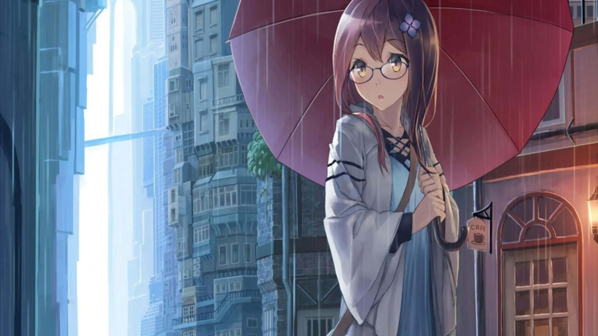 Fondode Pantalla De Una Chica De Anime Bajo La Lluvia Con Paraguas.