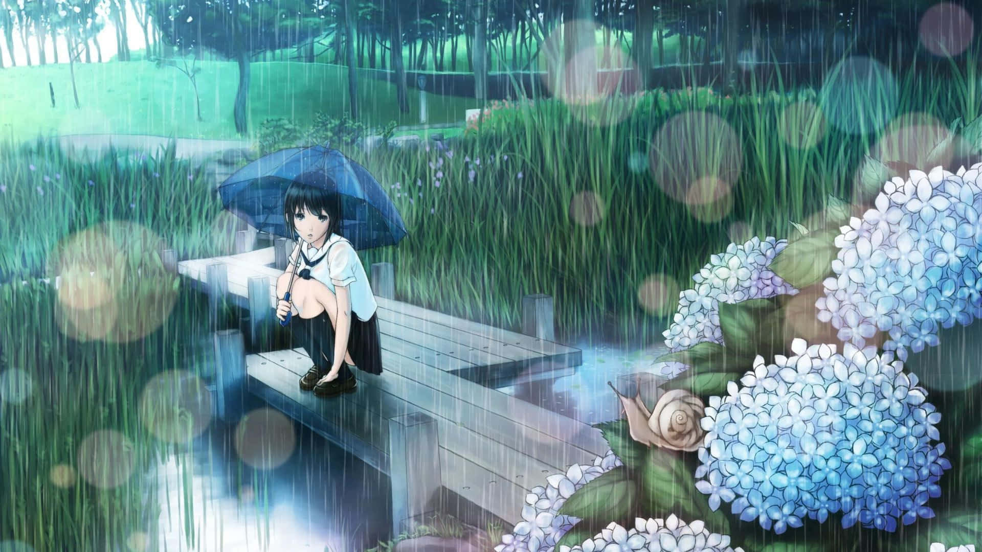 A peaceful rain falls on a lone figure against a moonlit sky