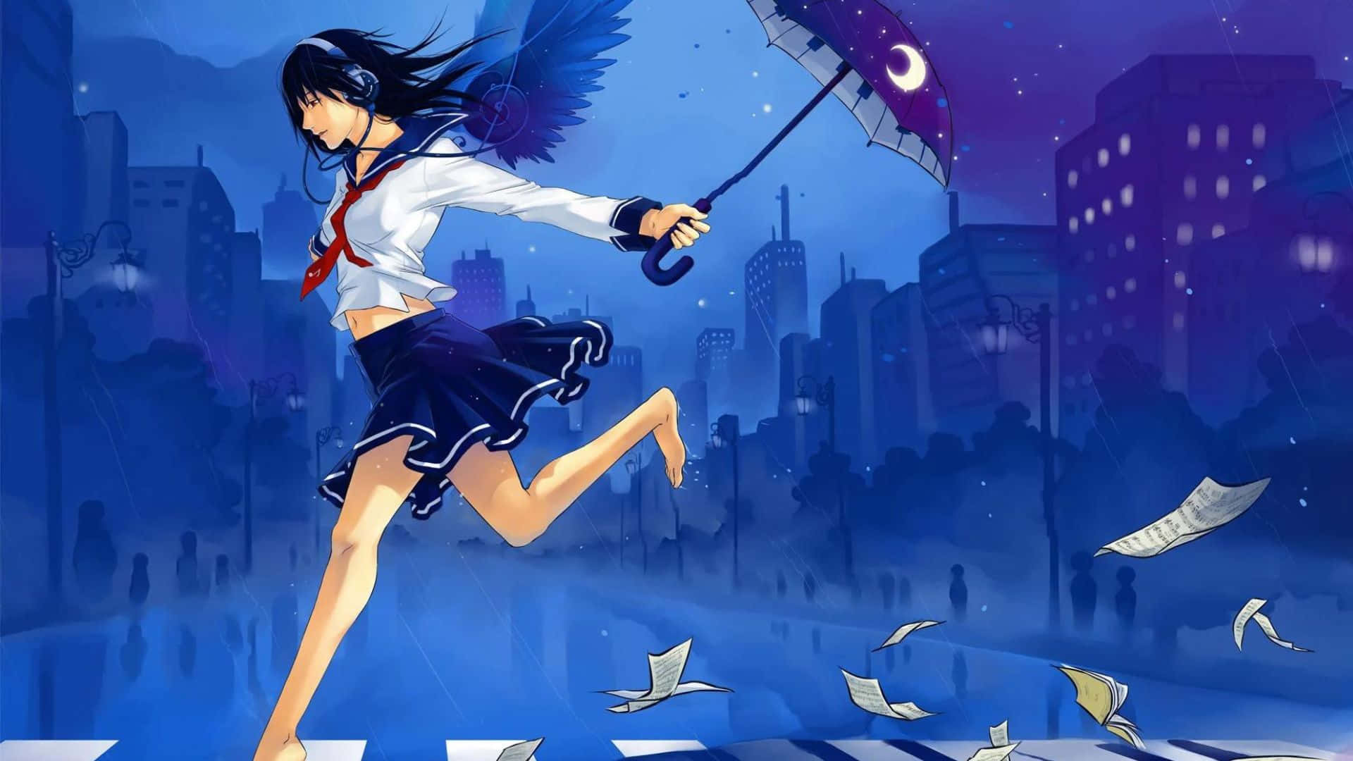 High School Girl Anime Rain Background