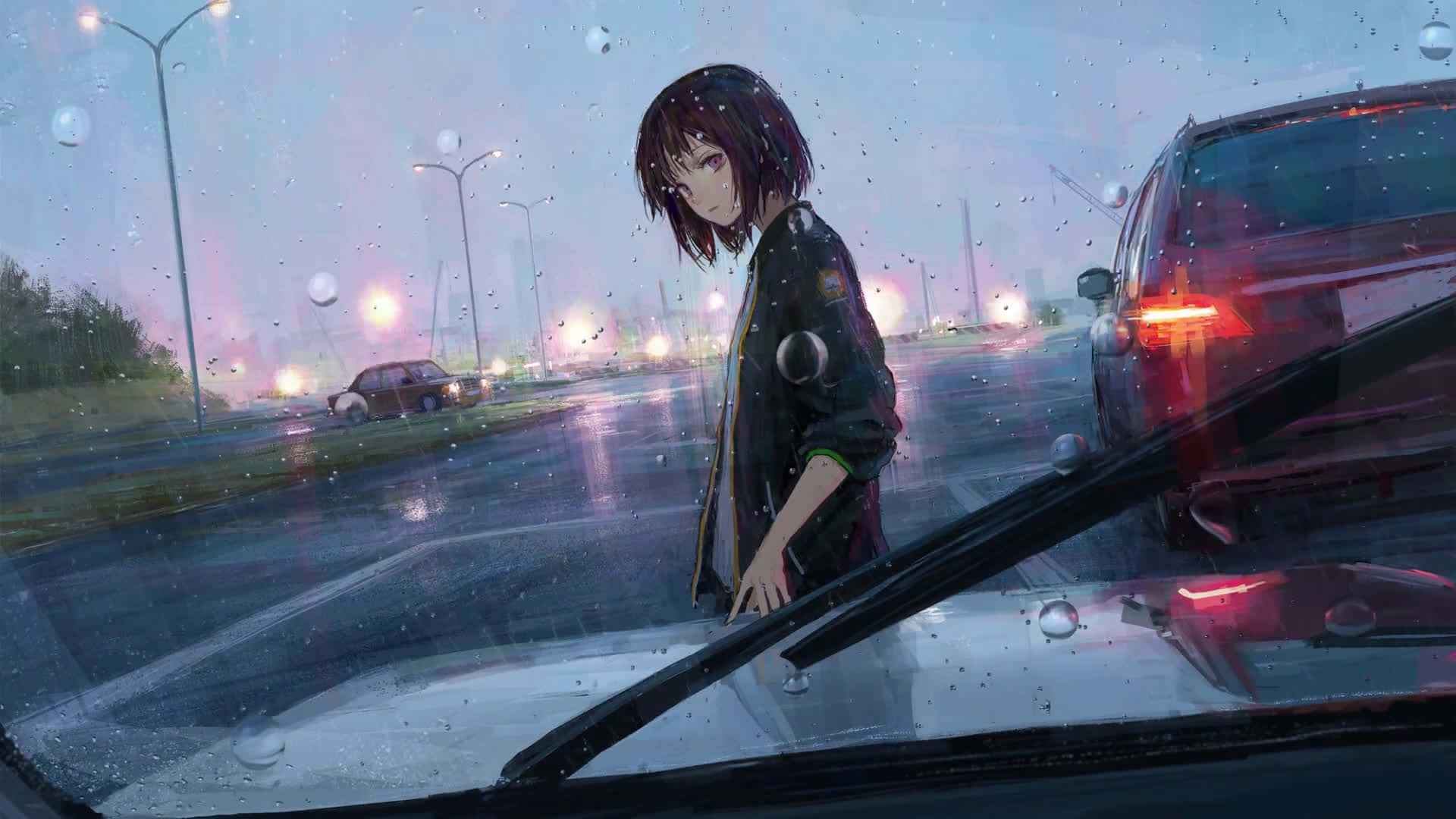 A Girl Is Standing In The Rain Looking Out Of A Car