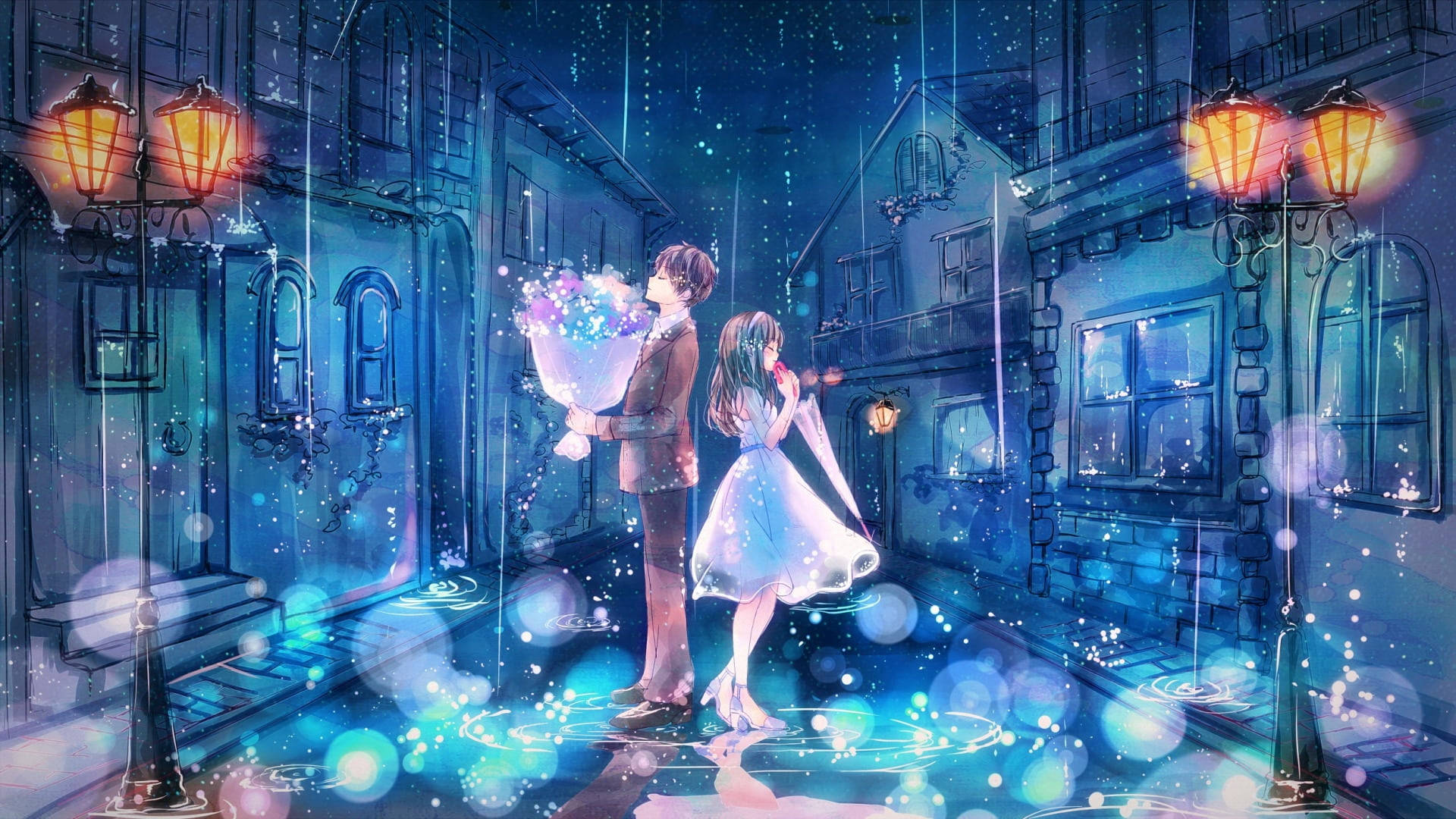 Download Anime Rain Couple Wallpaper 