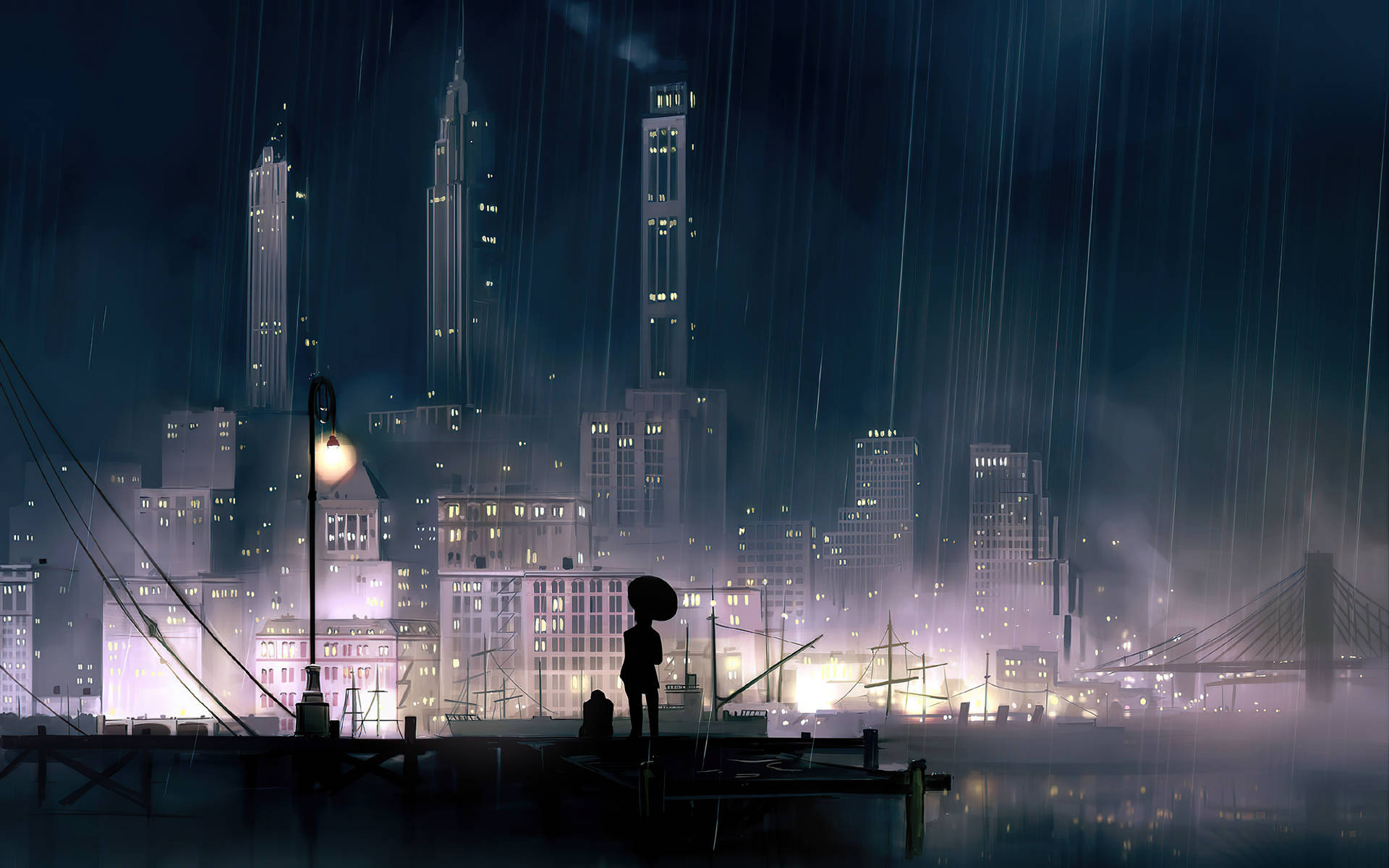 Anime Rainy City At Night Wallpaper