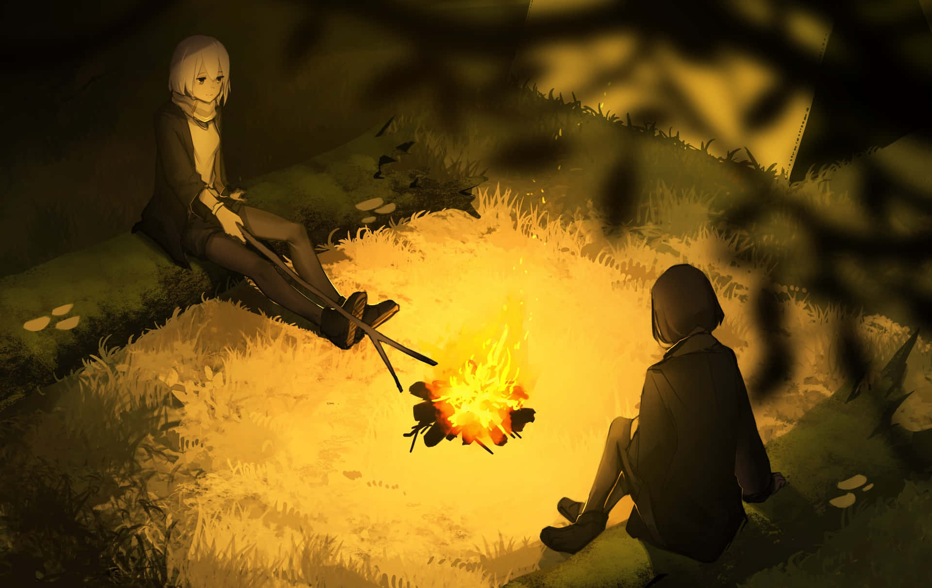 Anime Resting On Campfire Wallpaper