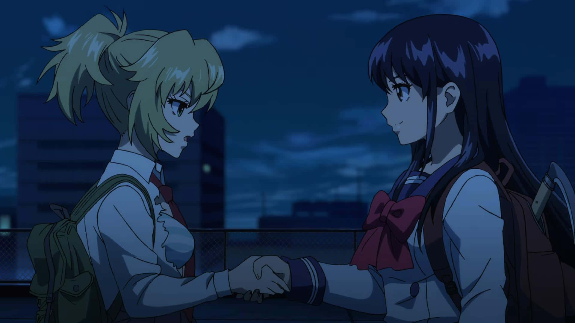 Anime Rooftop Handshakeat Dusk Wallpaper