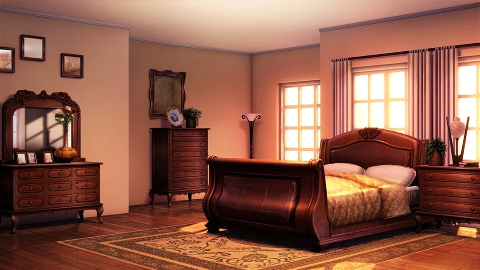 A Bedroom With A Bed, Dresser, And Mirror