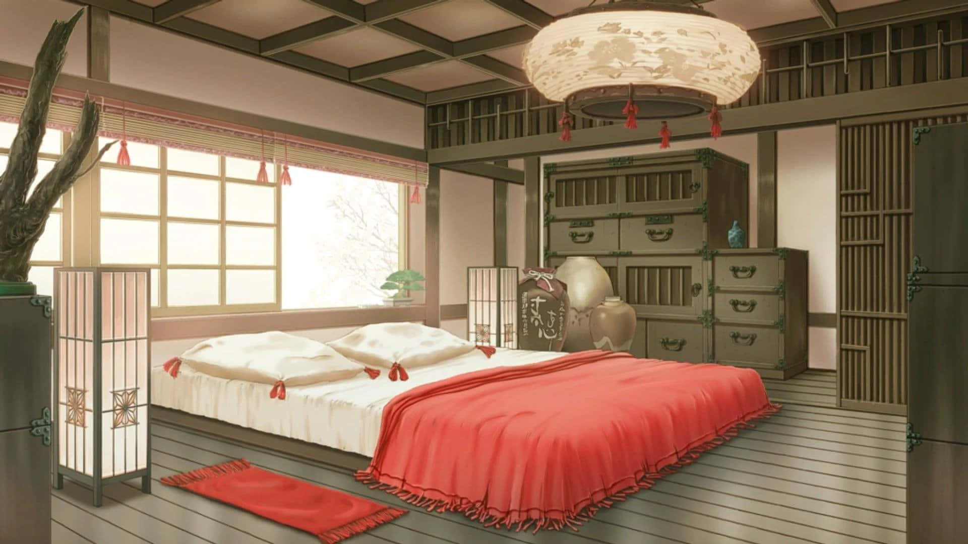 A Bedroom With A Red Bed And A Lamp