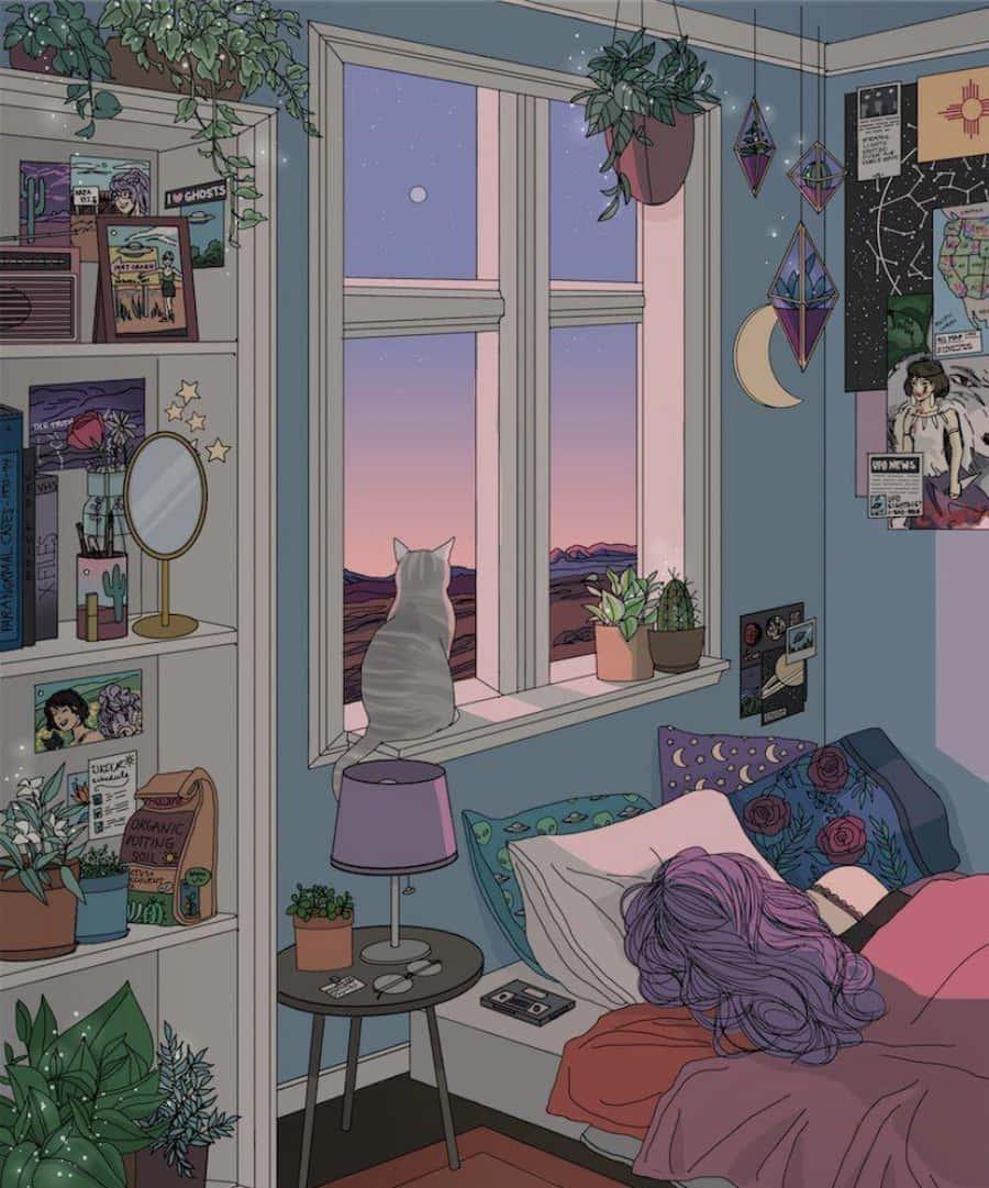 A Bedroom With A Bed, A Window, And Plants