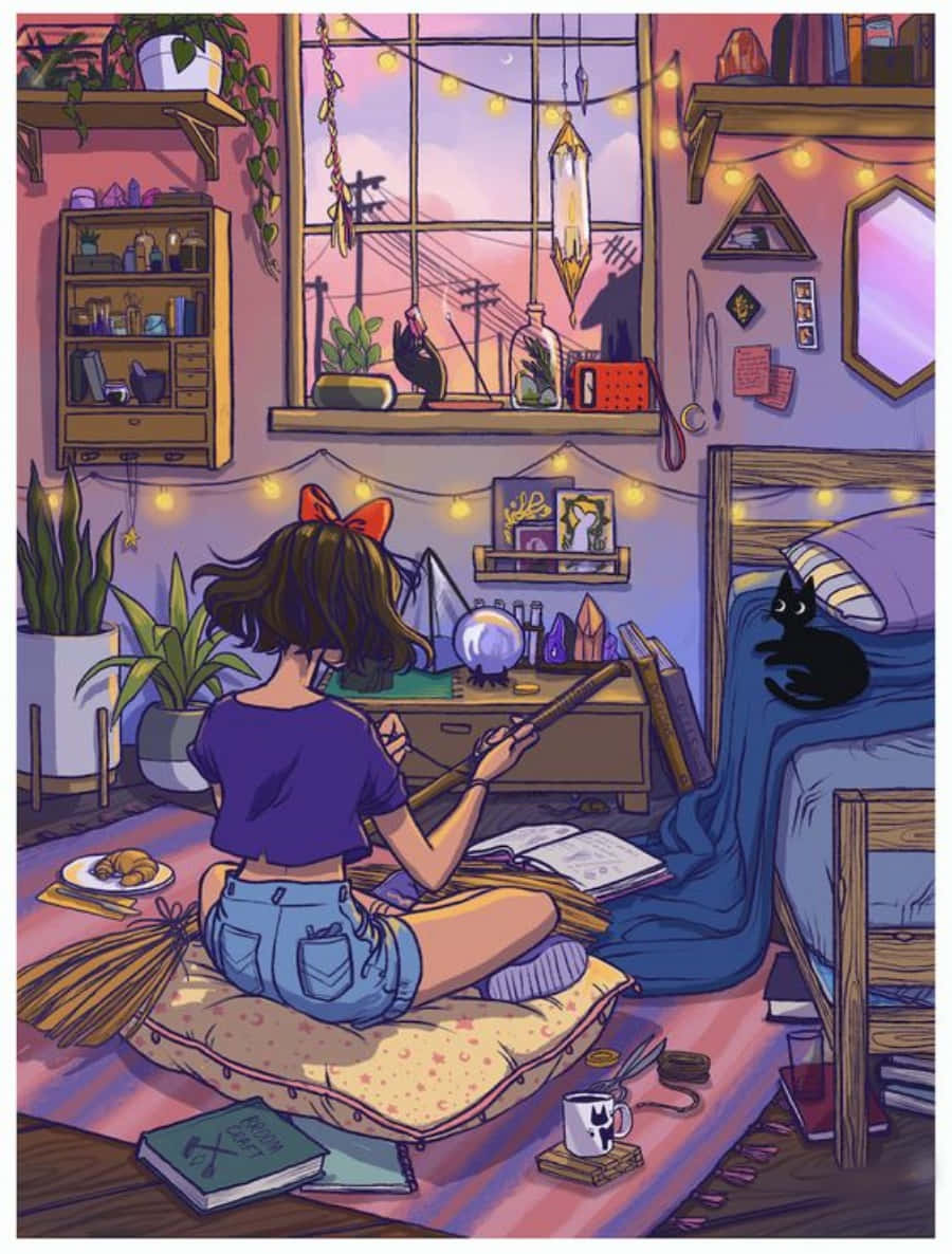 A Girl Sitting On The Floor In A Room With A Cat