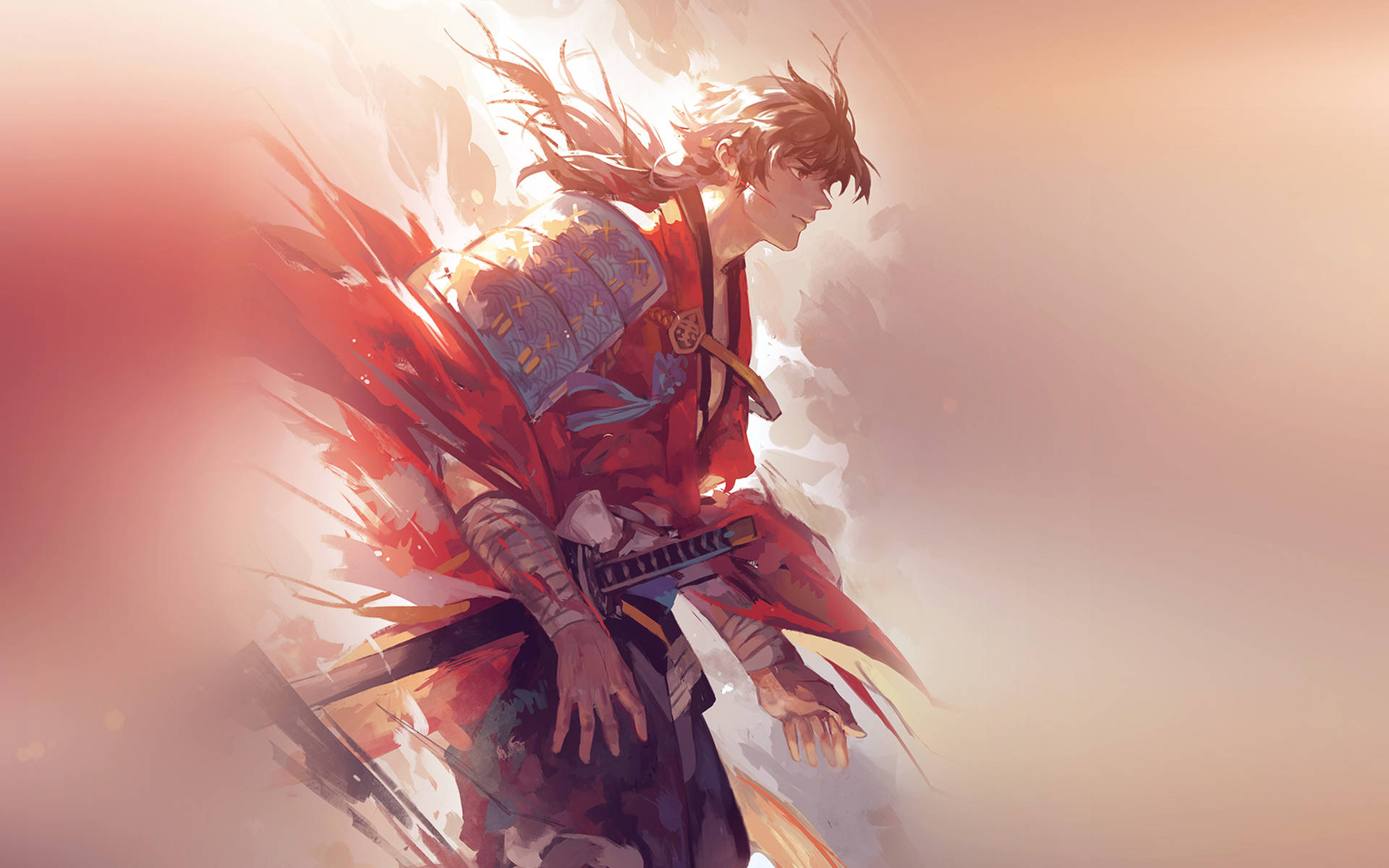 En enlig samuraier står sejrrig mod et felt af fjender. Wallpaper