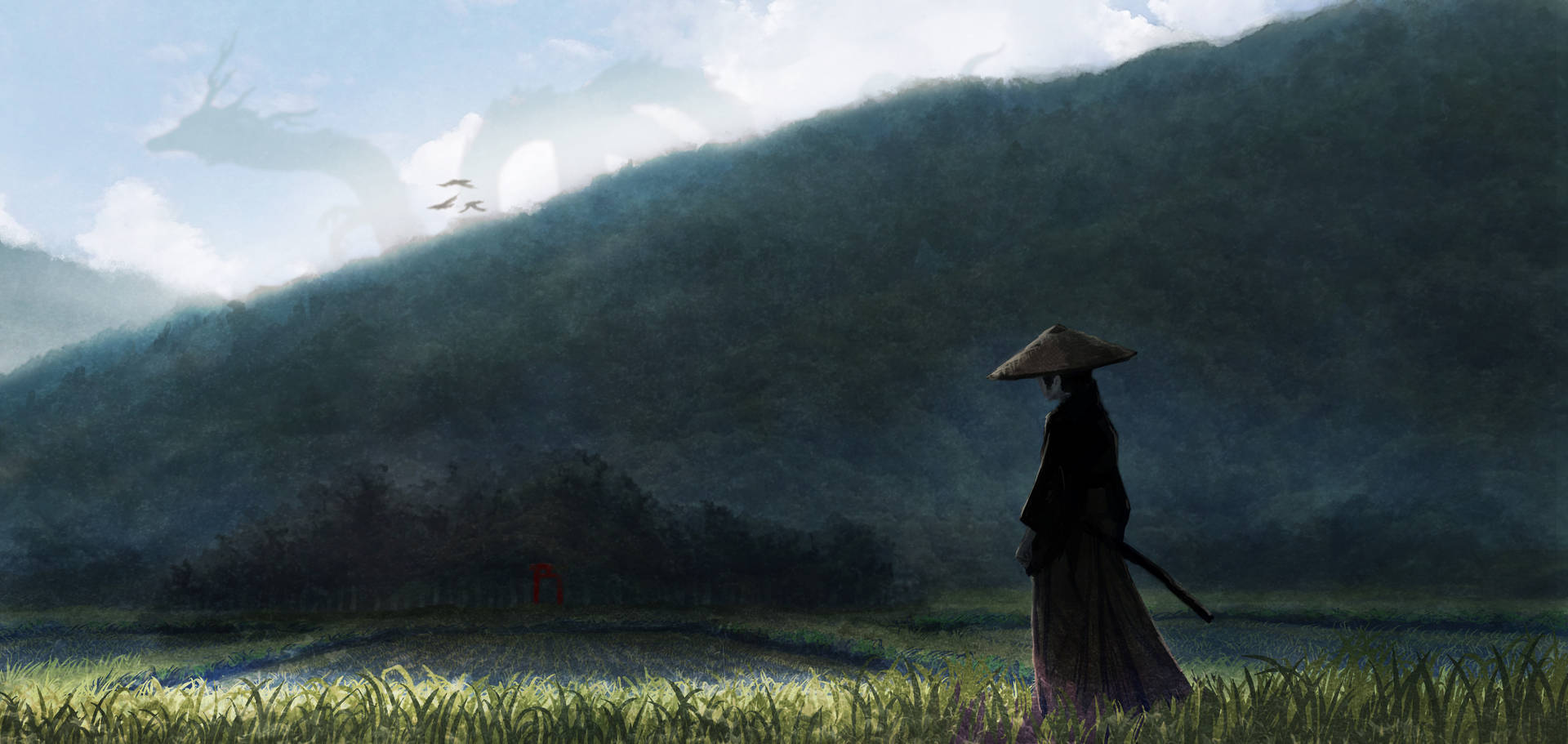 En bestemt Anime Samurai kriger står imod stormen. Wallpaper