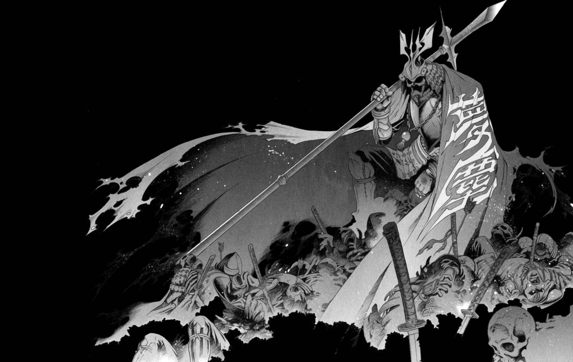 A samurai stands atop a rooftop, sword drawn and ready to fight. Wallpaper