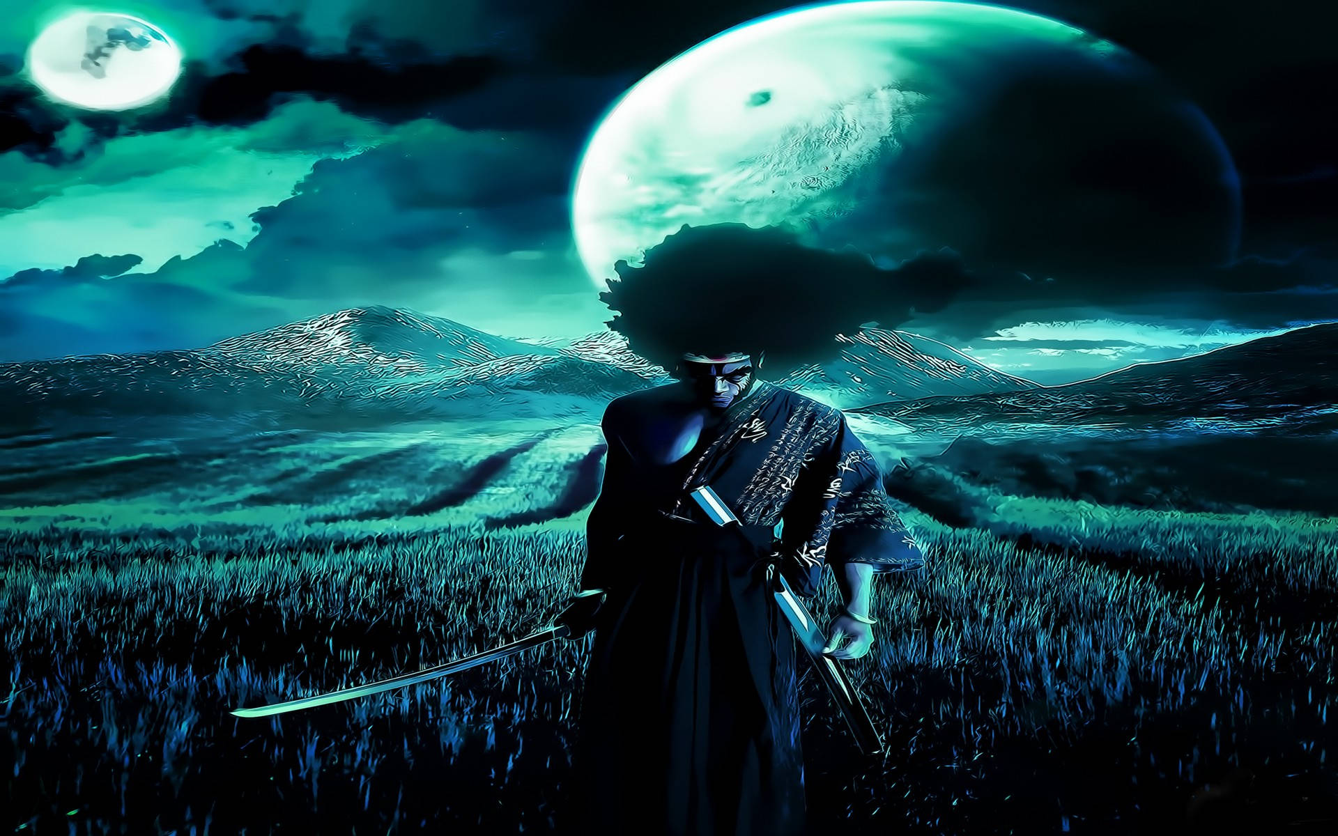 A Man With A Sword Standing In A Field With A Moon Wallpaper
