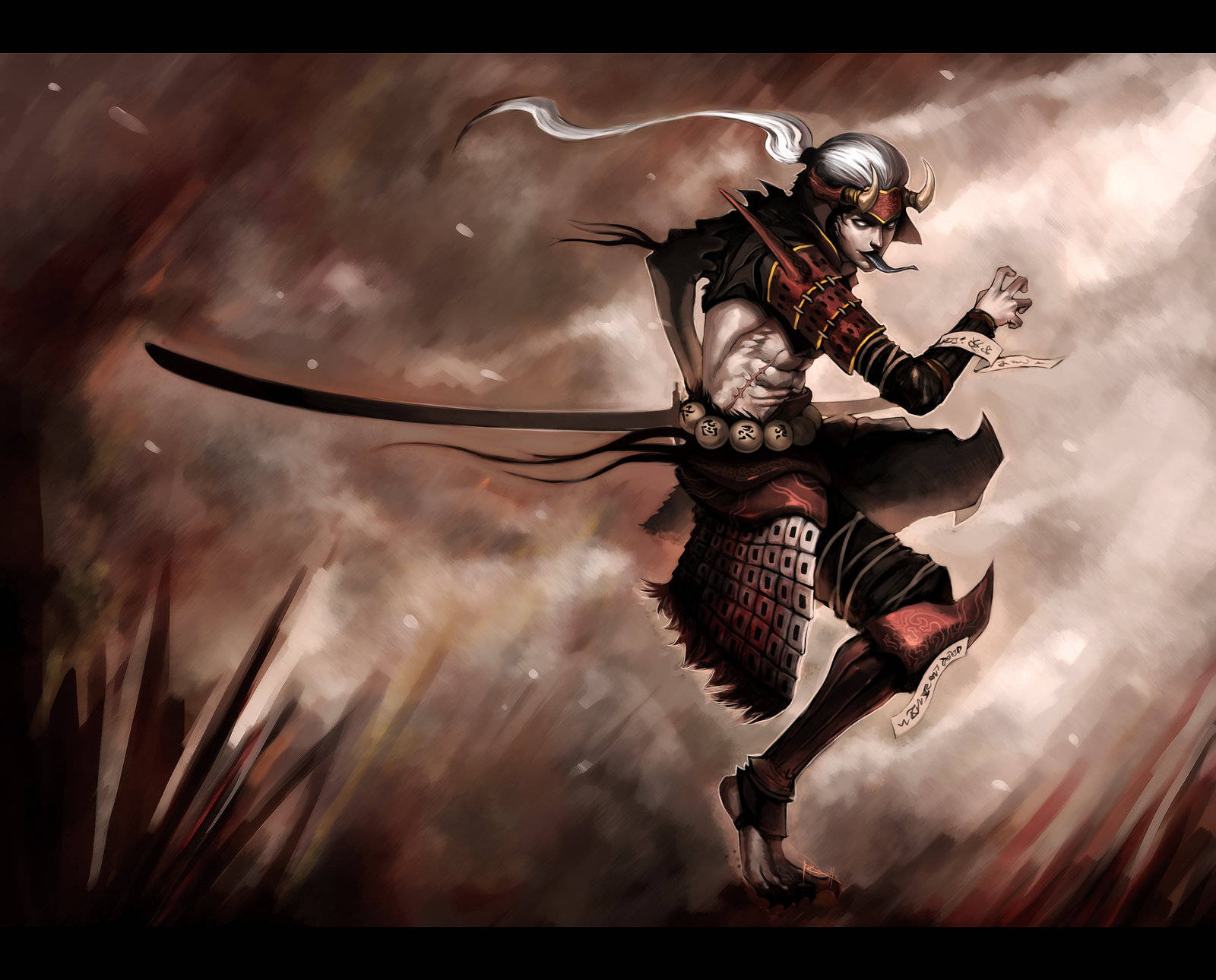 En kraftfuld anime samurai står fast mod sine fjender. Wallpaper
