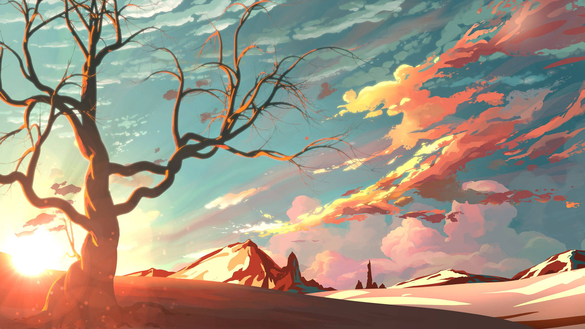 Undersøg den smukke, anime-inspirerede verden af ​​skyline, skove og floder. Wallpaper