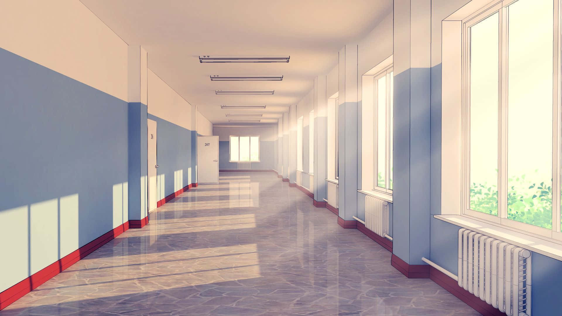 A Hallway With Blue Walls And White Radiators