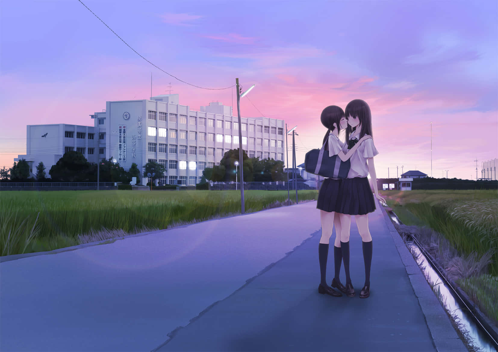 Two Anime Girls Standing On A Road At Sunset