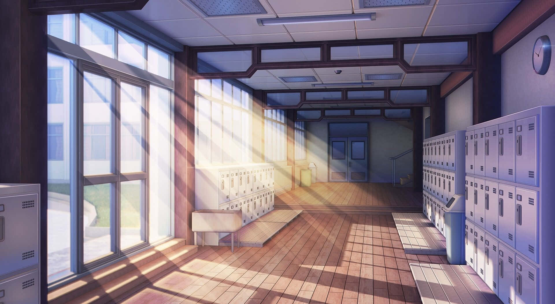 A Hallway With Lockers And Sunlight Shining Through