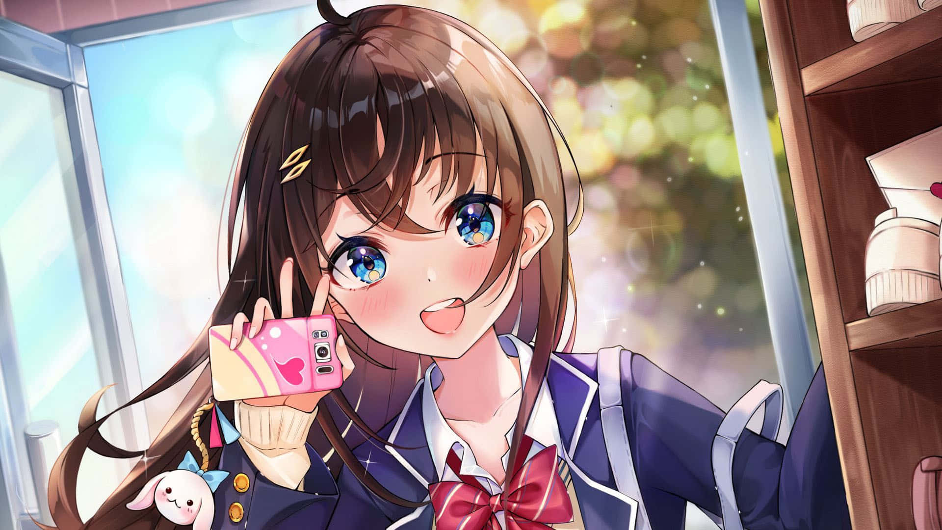 Animeschulmädchen Süß Mit Blauen Augen Wallpaper