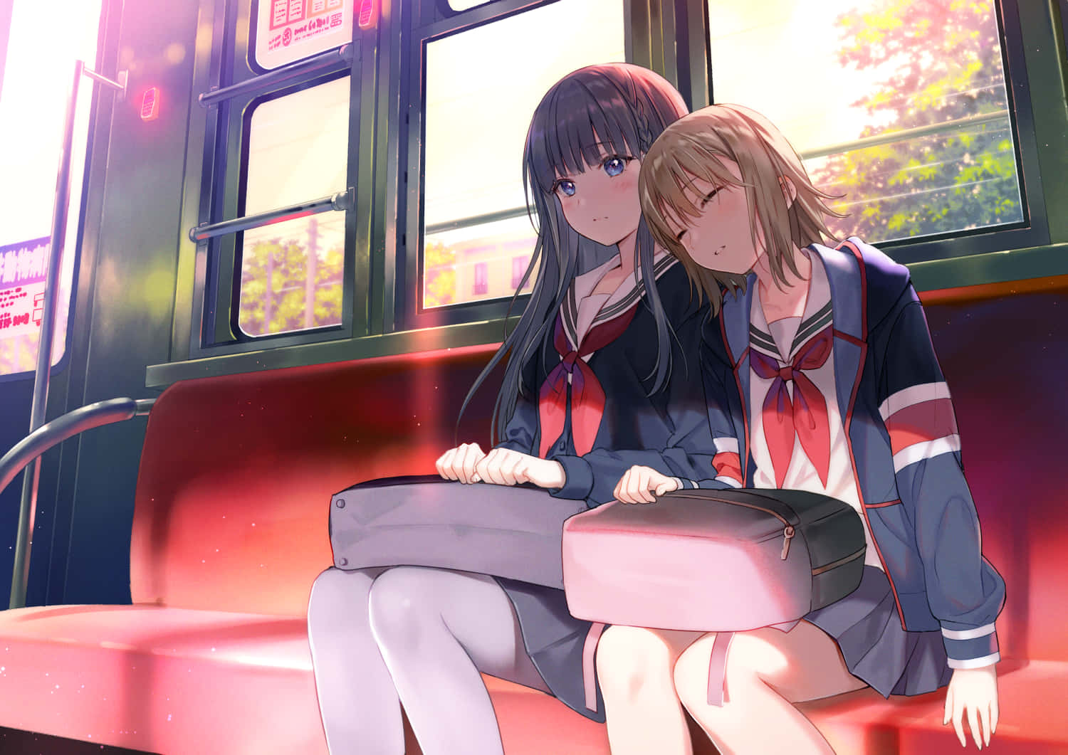 Ragazzadi Scuola Anime Carina Su Un Bus. Sfondo