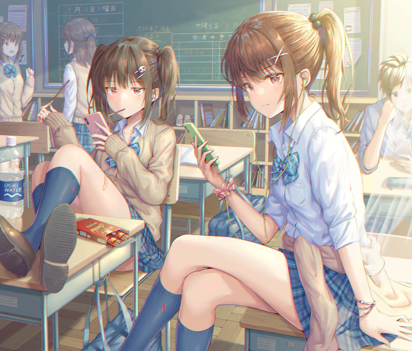 Anime Skole Pige sød Klasseværelse Scene Tapet Wallpaper