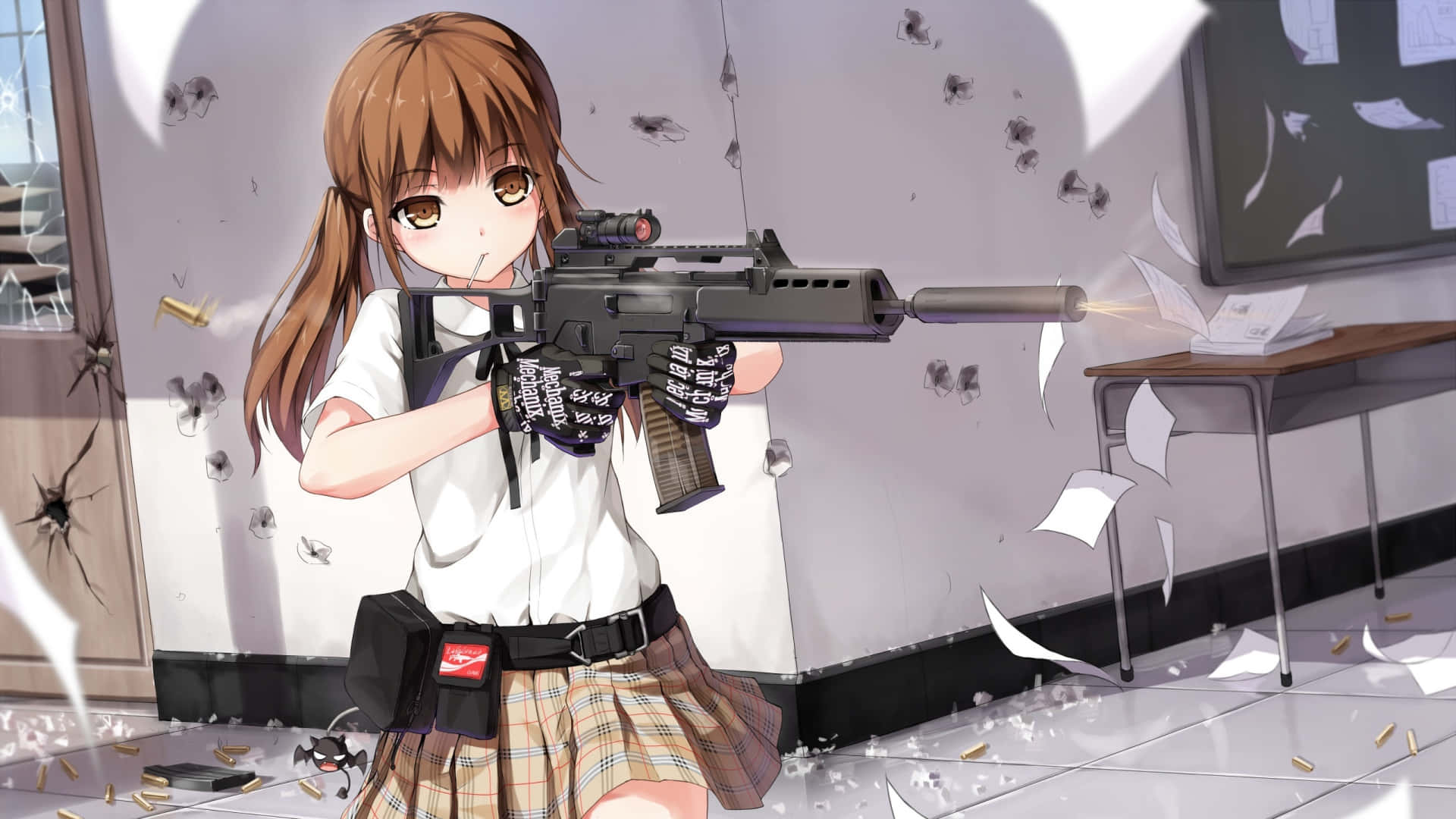 Animeschulmädchen Süßes Gewehr Wallpaper