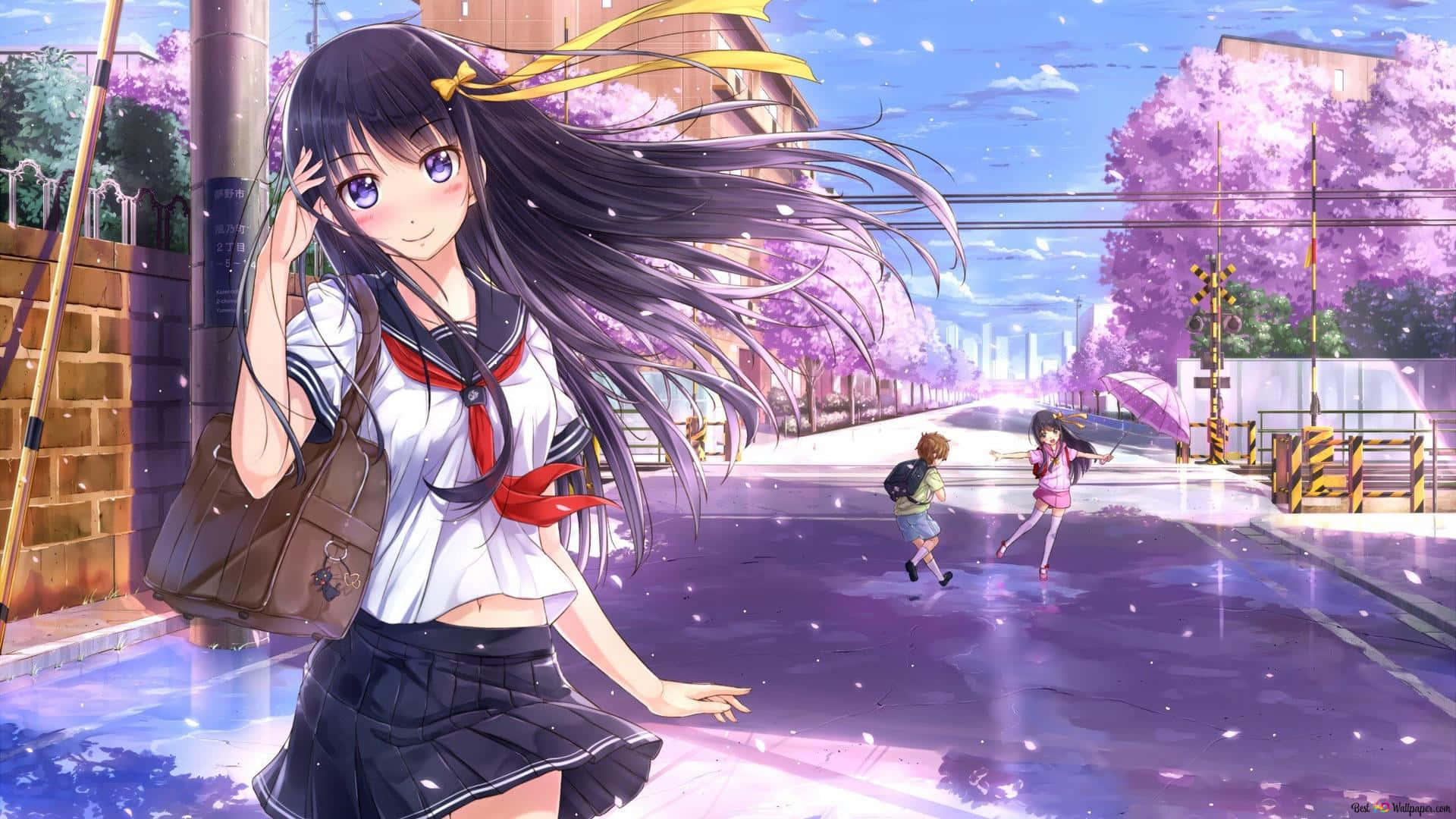 Anime School Girl Cute Spring Wallpaper