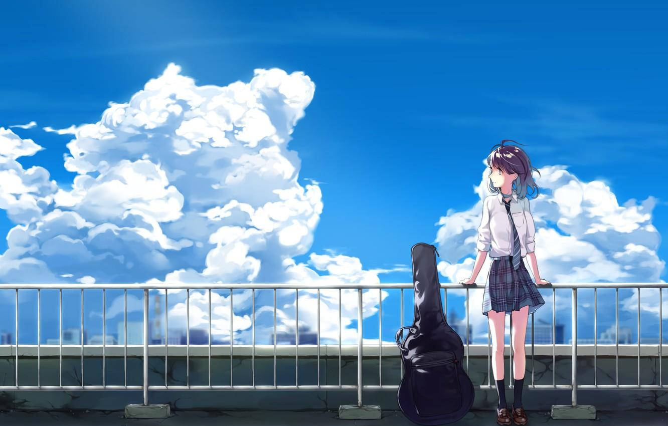 Anime School Scenery Anime Girl Guitar Case Rooftop Wallpaper