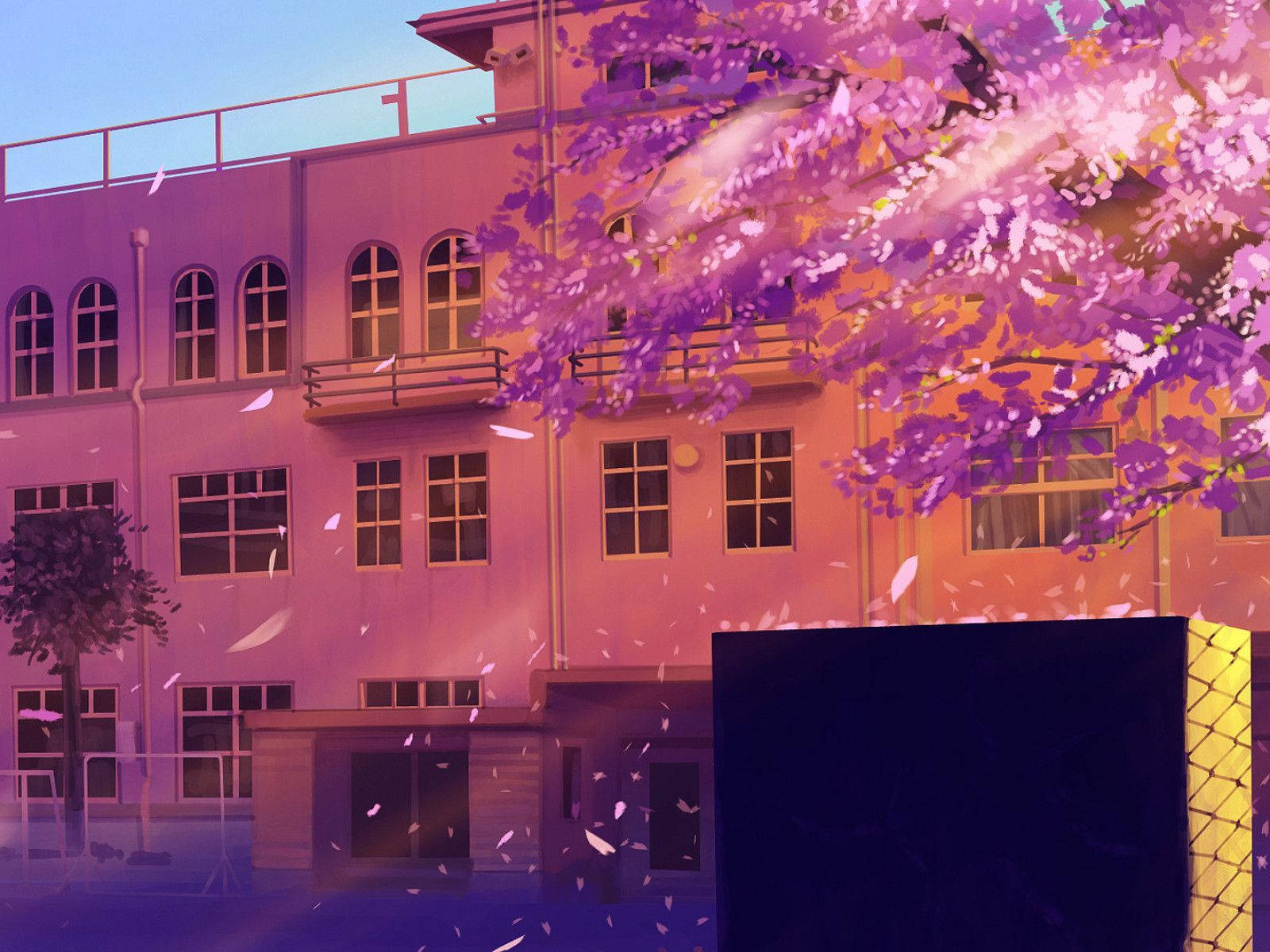 Escenariode Una Escuela De Anime Con Un Árbol De Cerezo En Flor. Fondo de pantalla